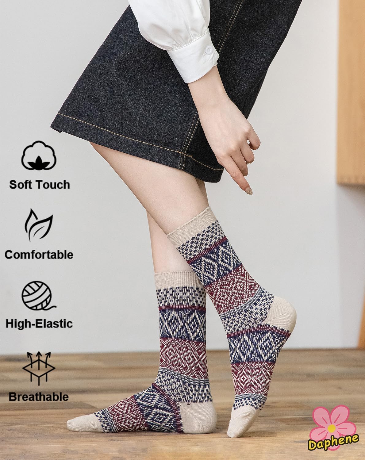 Daphene Women's Ethnic Vintage Socks | Premium Combed Cotton Warm | Retro Patterns Breathable Stretch Design | Holiday Gifts - Image 2