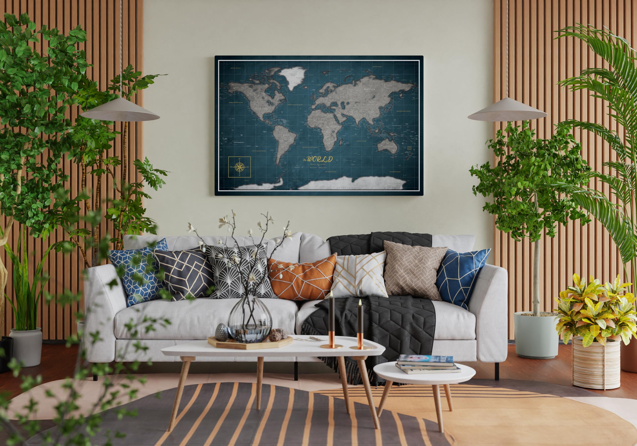 framed concept Spersonalizowana mapa świata z pinezkami 90 x 60 cm – tablica korkowa dla podróżujących, ręcznie wykonana dekoracja ścienna z 50 złotymi pinami – wyjątkowy pomysł na prezent