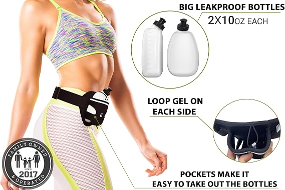 Q-RUN Hydration Running Belt with Bottles - Water Belts for Woman and Men - iPhone Belt for Any Phone Size - Fuel Marathon Waist Pouch for Runners - Jogging Cycling Biking, Black