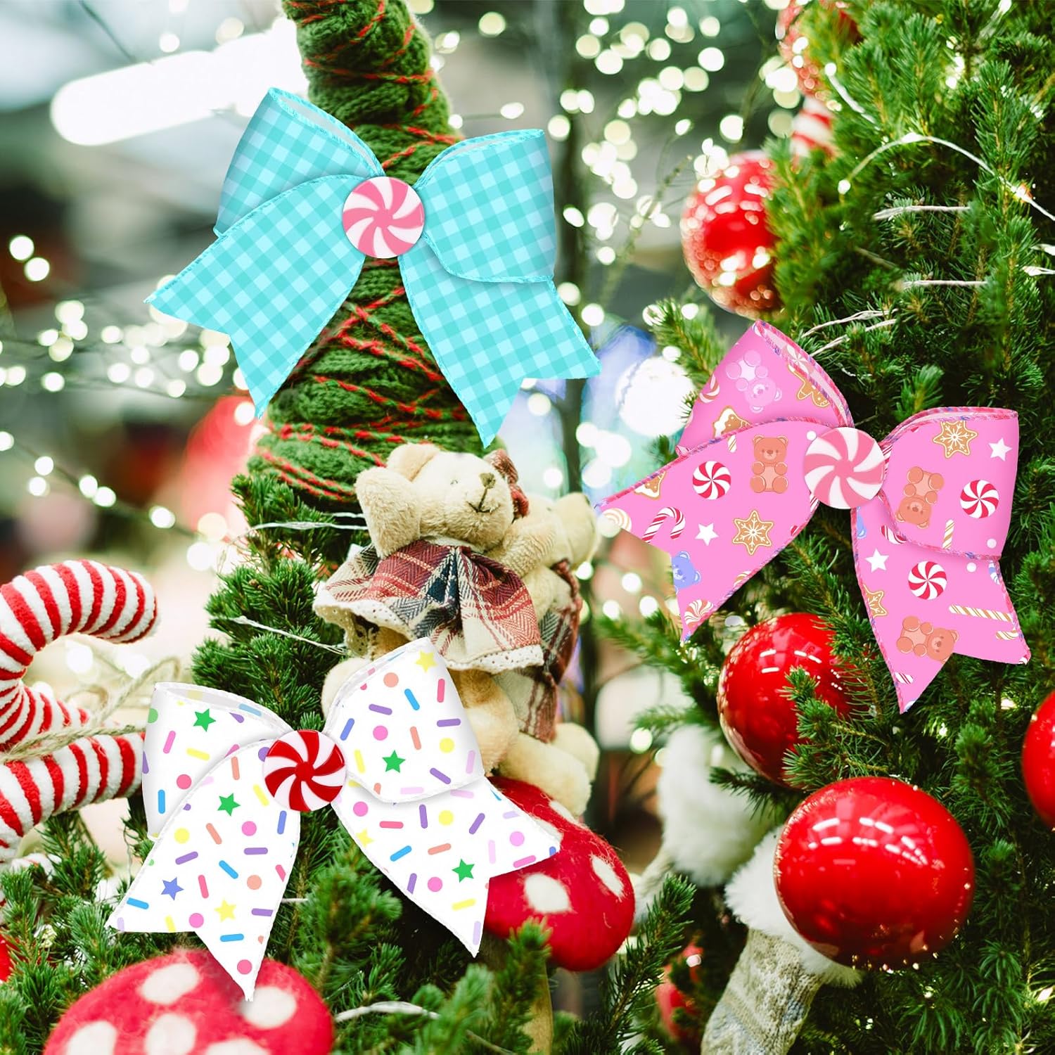 Realspring 15 Pcs Candy Christmas Bows Ornaments 6.3 Inch Large Pastel Christmas Tree Wreath Bows Pink White Blue Xmas Decoration for Xmas Tree Garland Wedding Home Holiday Indoor Outdoor Party Decor - Image 7