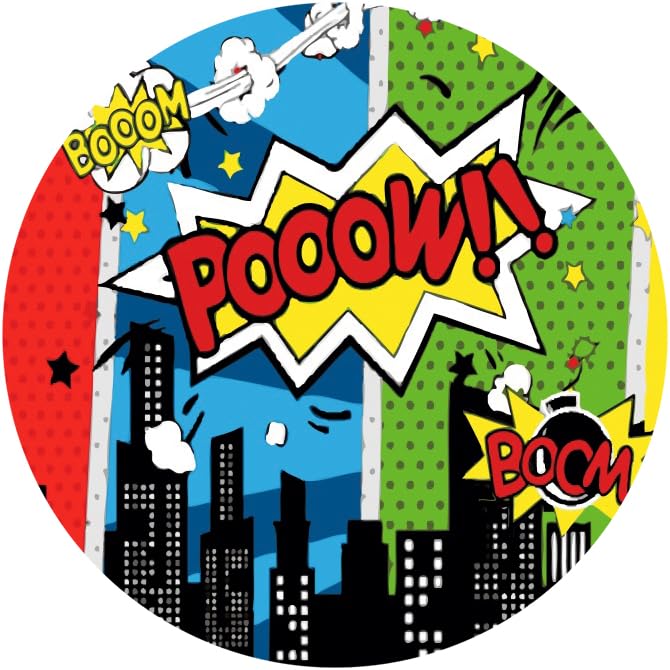 Miniatura 4 de Renaiss Telón de fondo redondo de superhéroe de 7 x 7 pies para sesión de fotos, retrato de niño y niña, paisaje urbano, rascacielos, círculo de