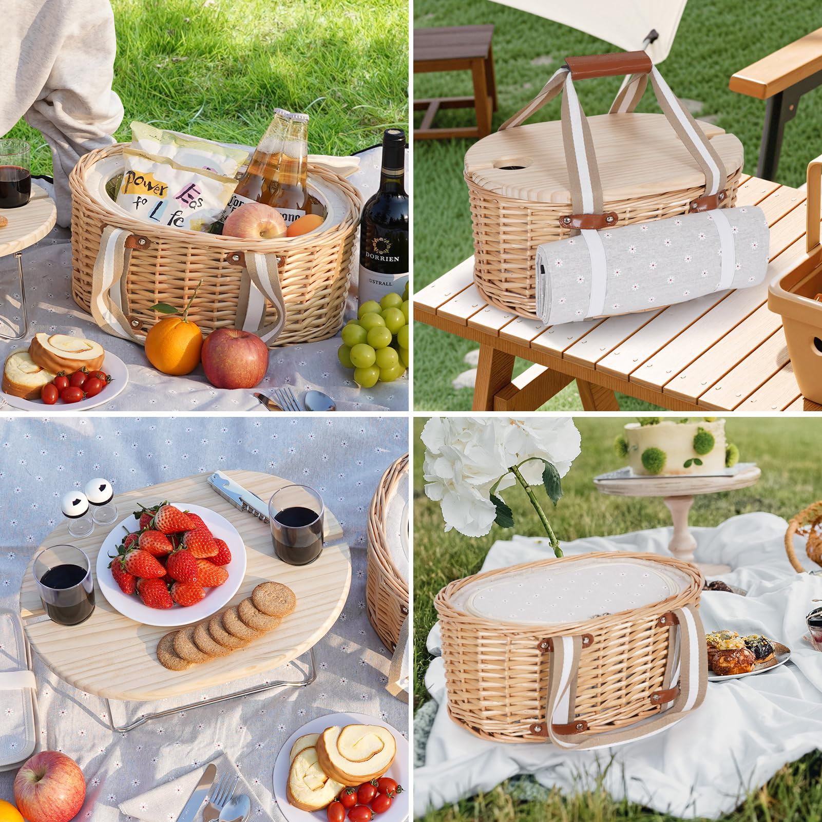 Ensemble de paniers de pique-nique pour 2 personnes - Panier isolé en osier avec couverture imperméable - Table de pique-nique pliable pour vin et couverts - Pour camping, extérieur, Saint-Valentin