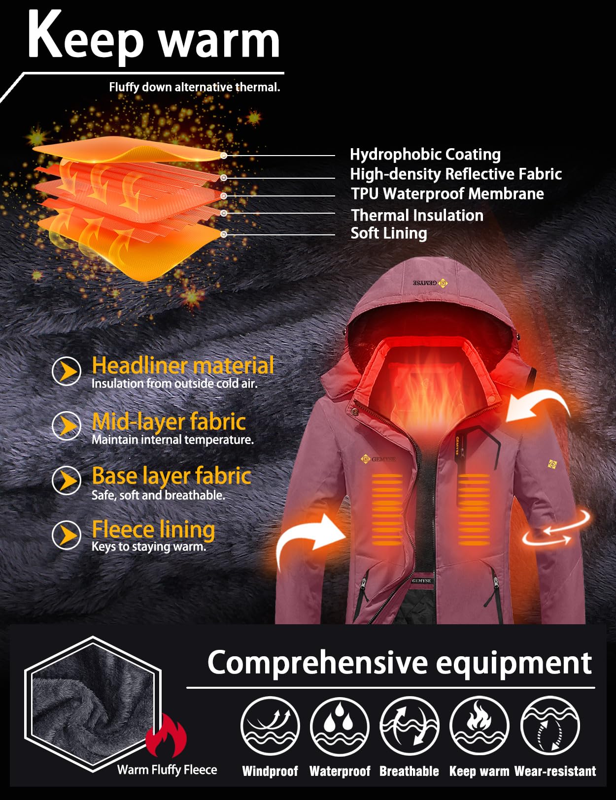 GEMYSE Veste de Ski Femme Imperméable Coupe-Vent Manteau d'Hiver Chaud avec Capuche de Montagne Extérieur en Polaire