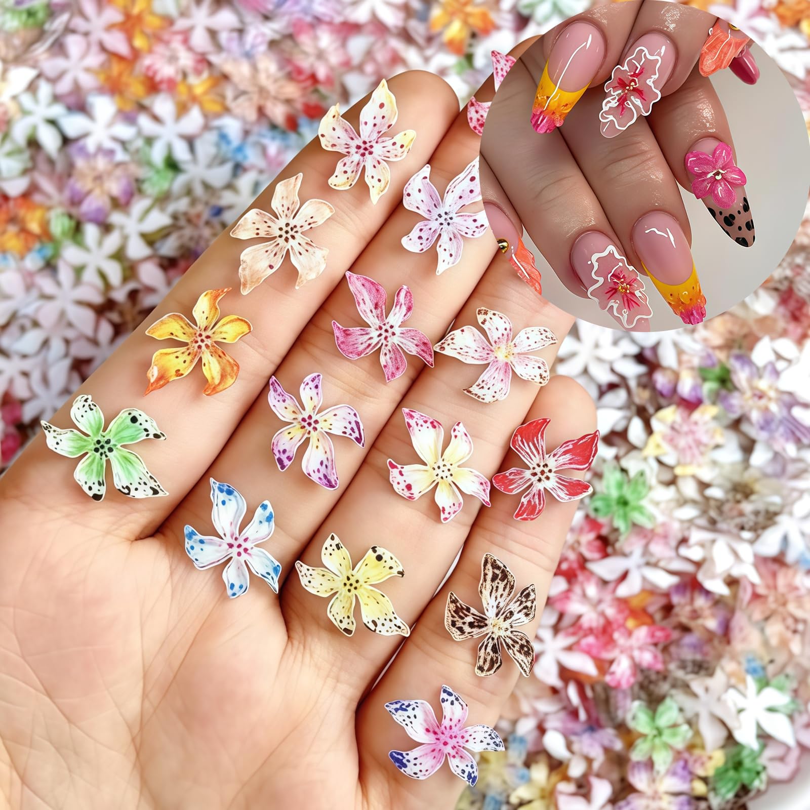 AstraGlam 50Pcs 3D Flower Nail Charms Set, Colourful Nail Art Charms Accessories