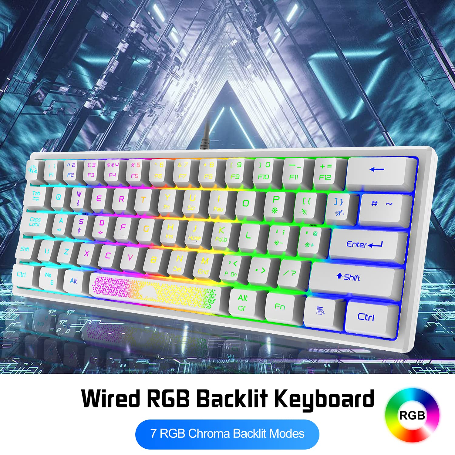 Tastiera e Mouse da Gioco RGB Layout QWERTY USB Cablato 60% 62 tasti Mini Gaming Keyboard Portatile 7 RGB LED backlit +2400 DPI Mouse ultraleggero Guscio a nido d'ape + Tappetino per mouse-Bianco