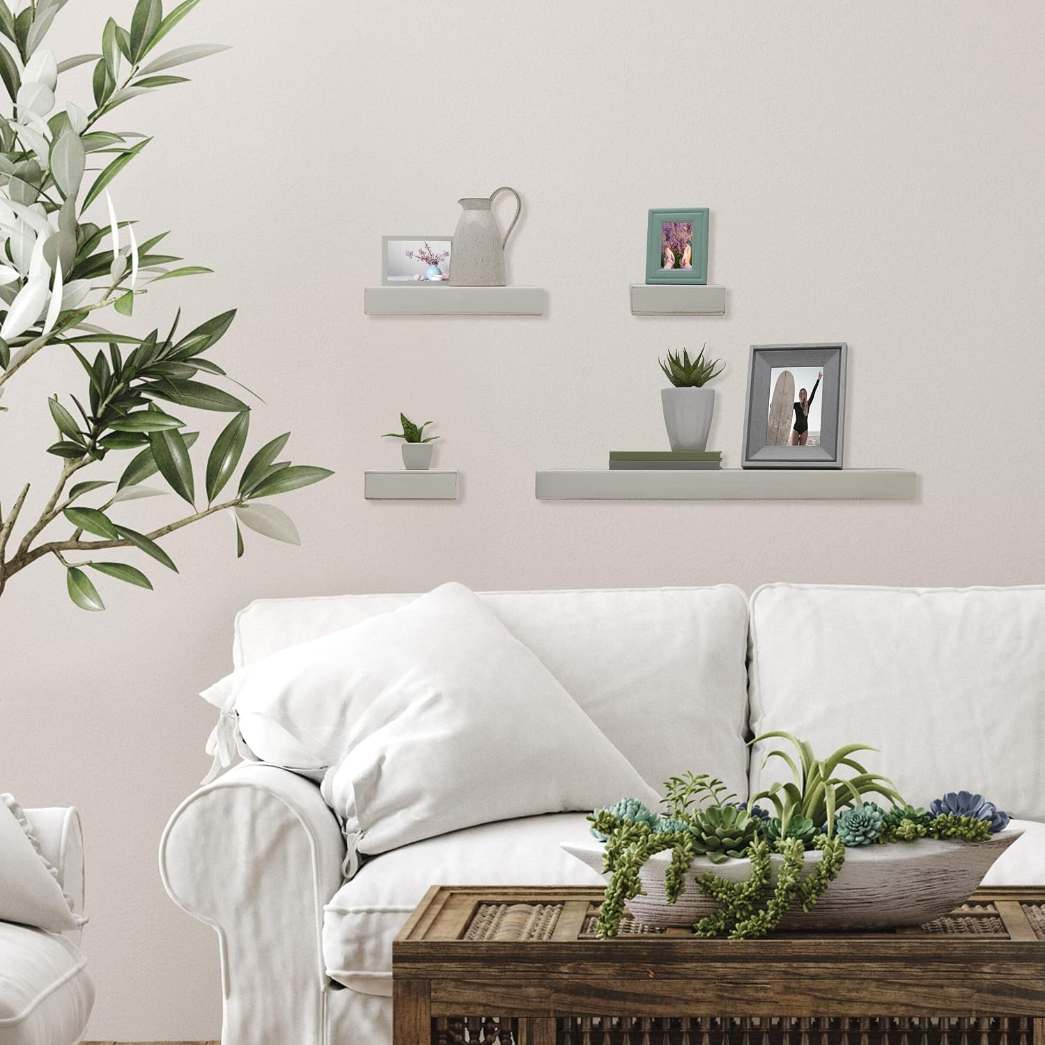 MELANNCO White Floating Shelves for Wall, Set of 4 Rustic Wood Wall Shelves with Weathered White Veneer Finish, Includes 24, 12, and Two 6 Inch Shelves for Home Decor and Room Decor Display