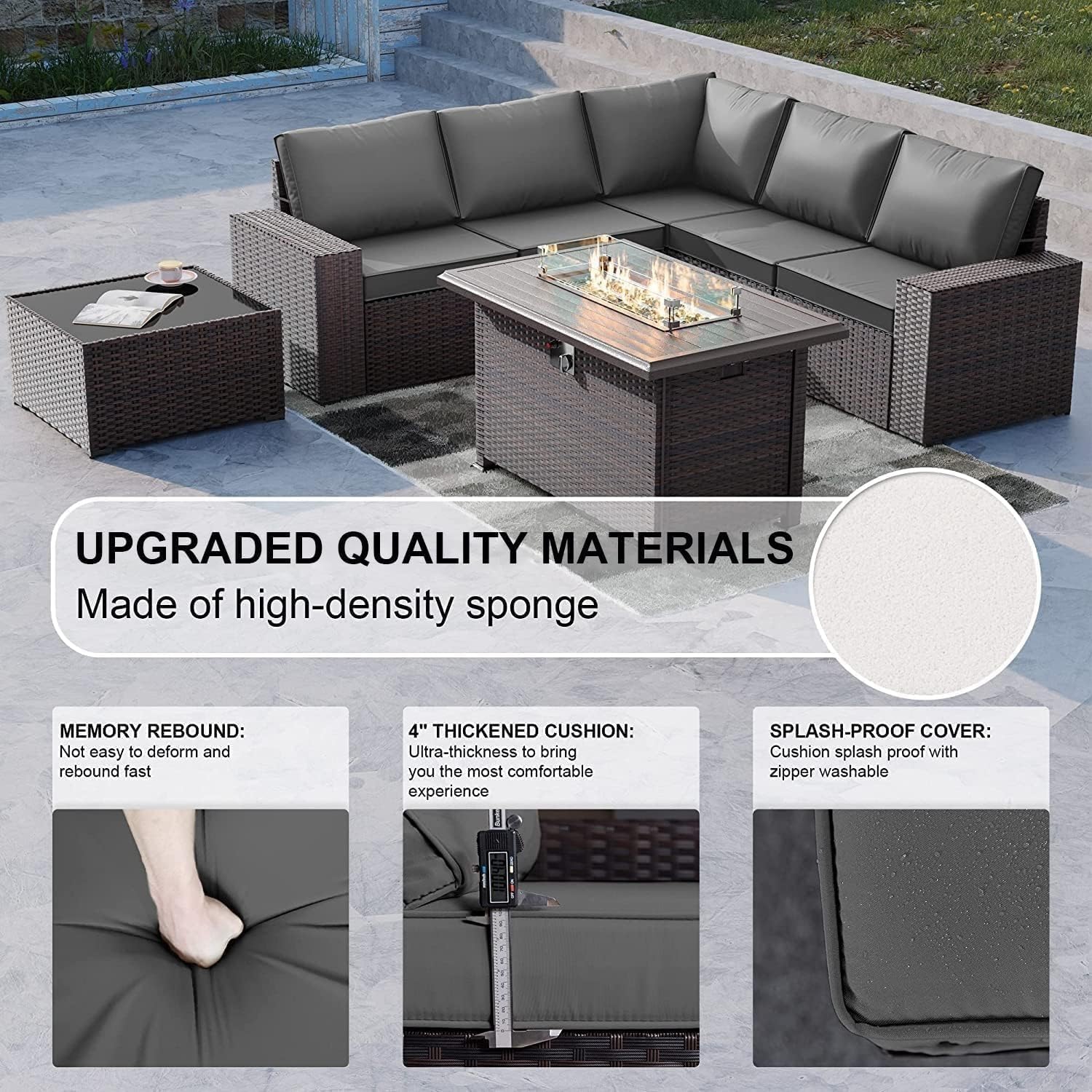 10 Pieces Outdoor Patio Furniture Set PE Wicker Rattan Sectional Sofa Patio Conversation Sets with 43" Gas Propane Fire Pit Table for Backyard Porch Balcony Poolside(Blue)