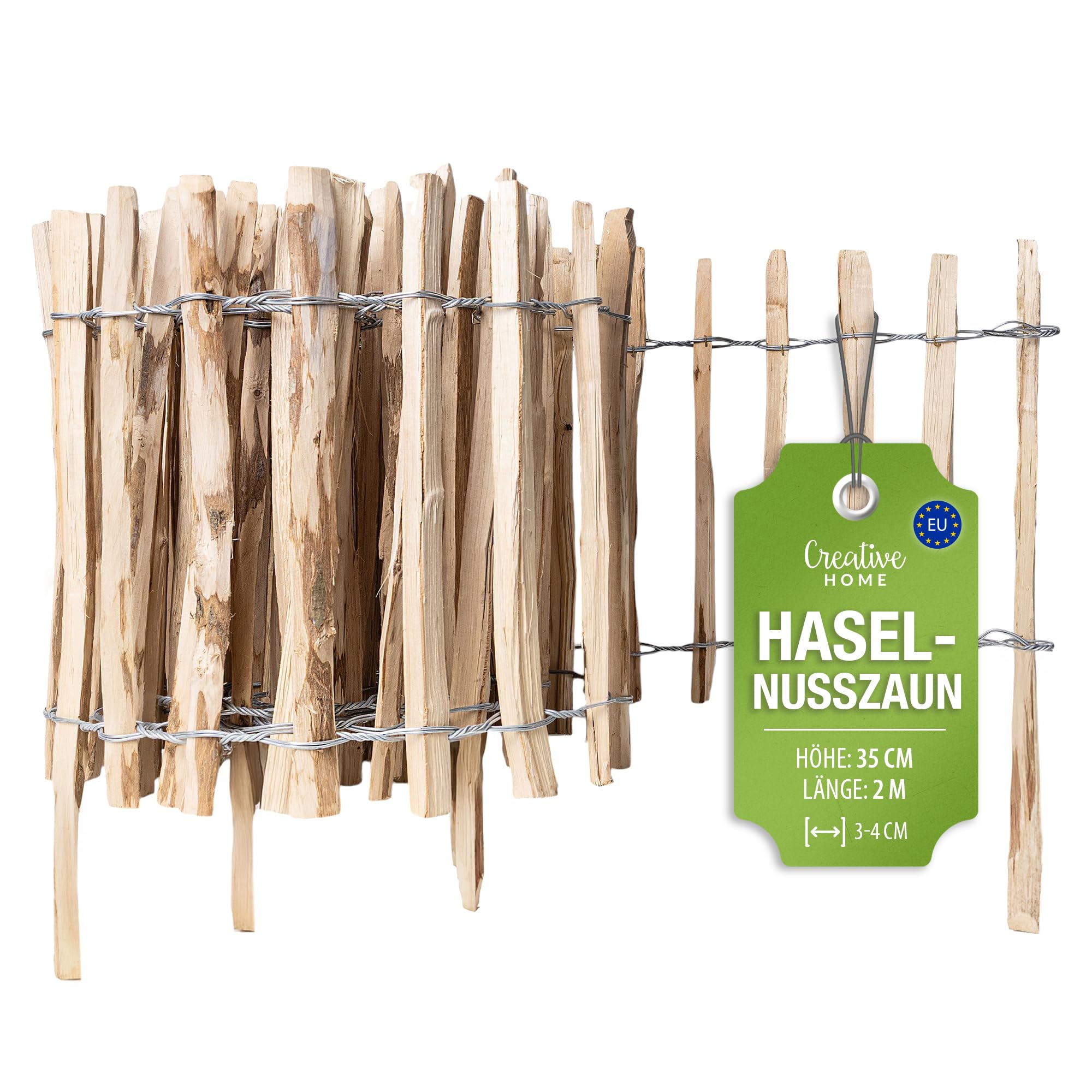 Creative Home Staketenzaun 35cm hoch und 2m lang | Lattenabstand 3-4 cm | Haselnusszaun | Rollzaun | Gartenzaun Holz Holzzaun | Zaun Garten Ideal als Rasenkante Blumenbeet Umrandung aus Haselnuss
