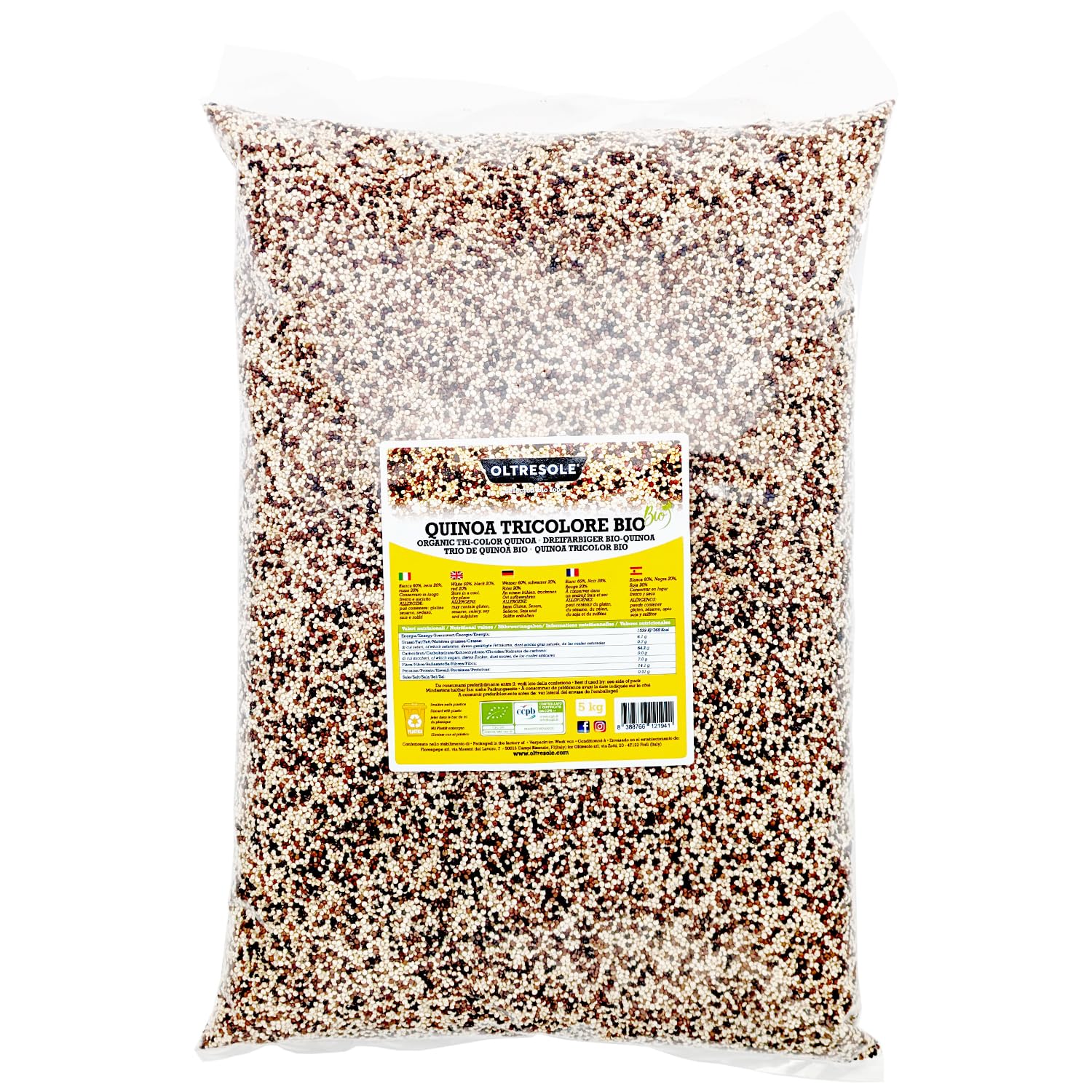 Oltresole, Quinoa Tricolore Biologica 5 kg, Mix di Quinoa Rossa, Bianca e Nera Bio, Superfood, Ricco di Proteine e Fibre, Ideale per Insalate, Zuppe e Piatti Vegani, Formato Convenienza