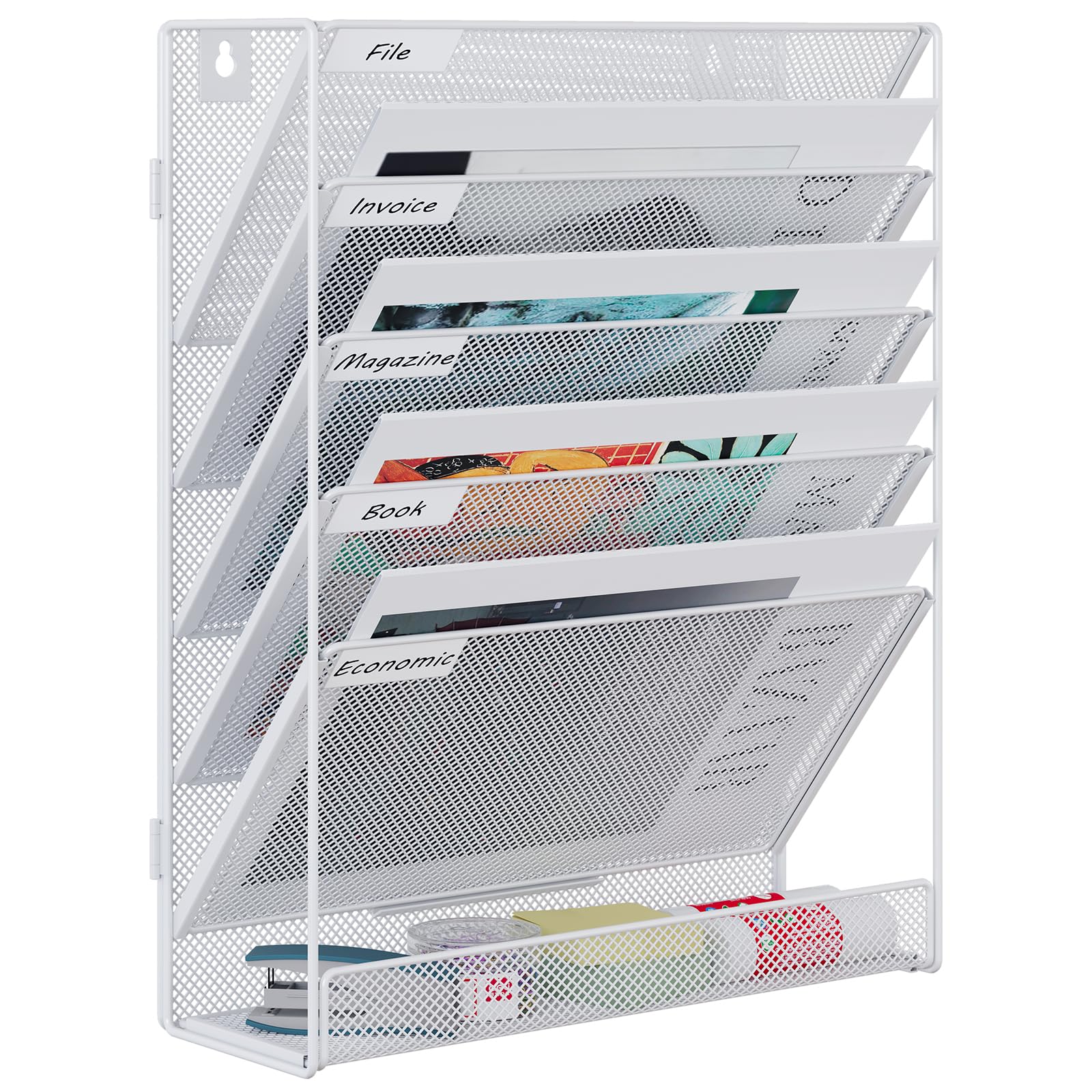 EasyPAG 6 Compartimento Metal Montar A4 Soporte Documentos Pared Oficina Archivador de Pared Organizador Correo Revistas Pared Almacenamiento Archivos Revistero,Blanco
