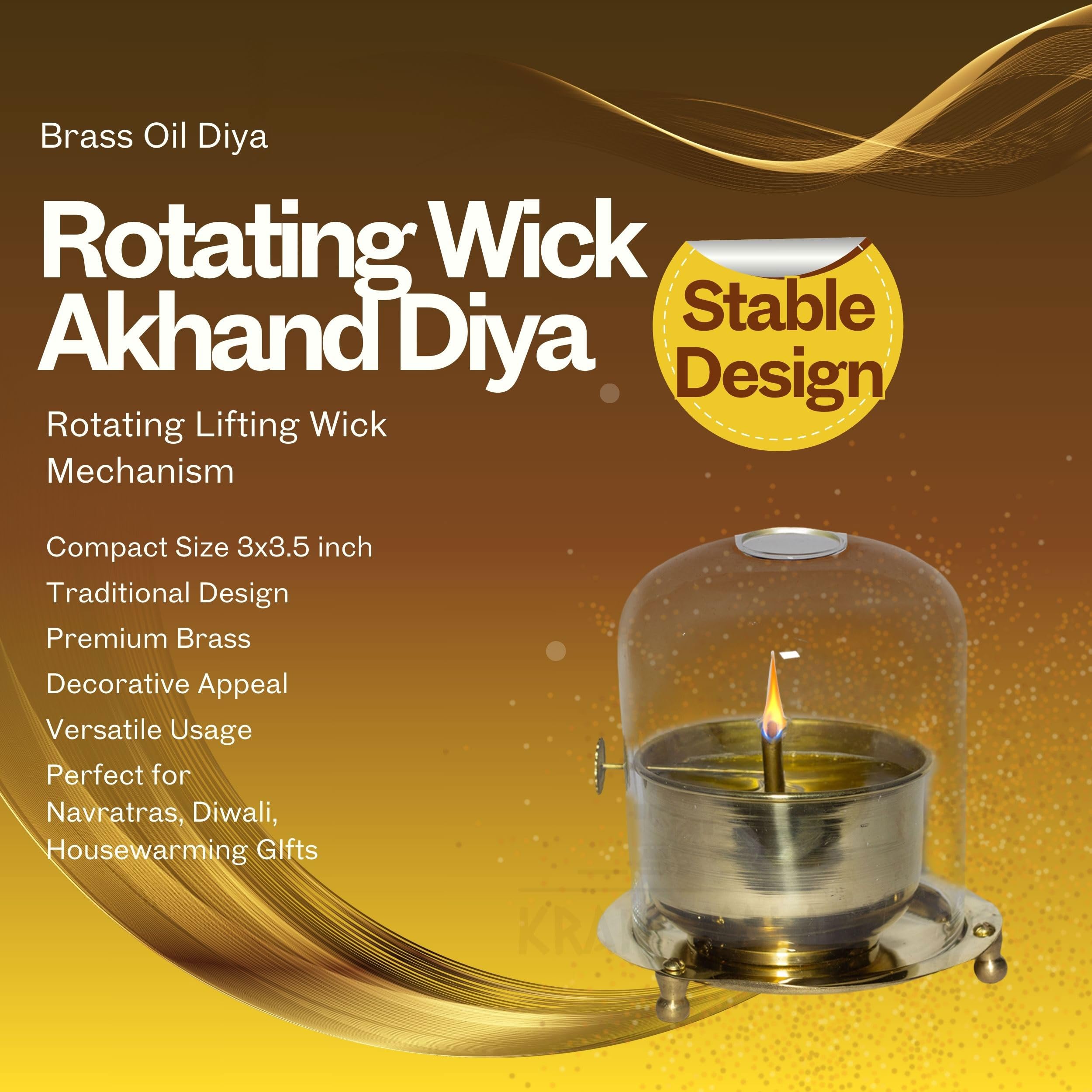 Kraftskala Brass Akhand Oil Diya 3x3.5 inch with Clear Glass Cover | Rotating Lifting Wick | Perfect for Spiritual Decor, Hindu Rituals, Diwali Festive Gifts