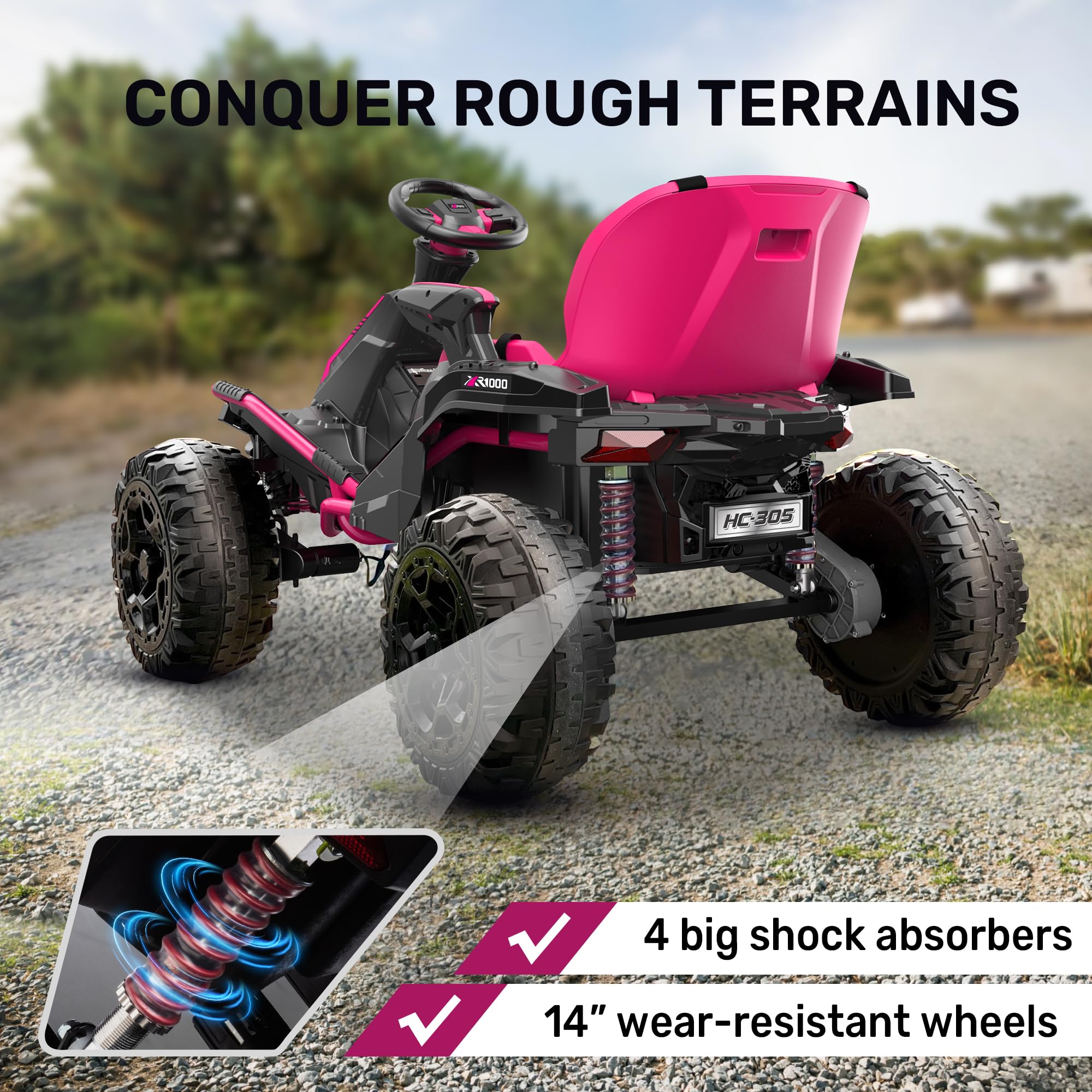 ANPABO 24V 4x4 Ride On Toys for Big Kids Aged 3-12 Rose Red-4x200W Motors, 5MPH, Wide Adjustable Seat, Parent Remote, Metal Frame, Shock Absorber, for Off-Road Ride - 5
