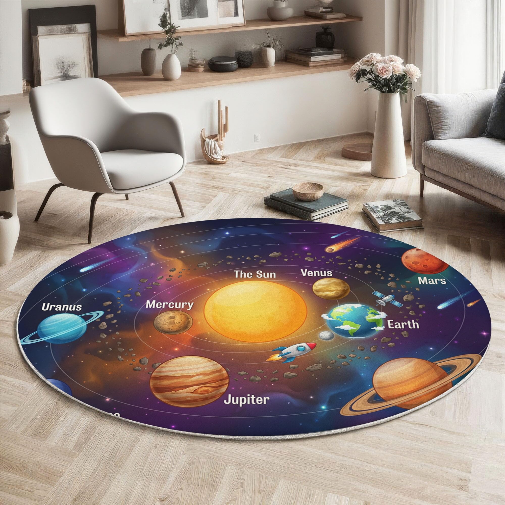 Lavable Tapis Rond Soleil Étoiles Météorites - Violet 100cm Rond - Planètes Spatiales De Dessin Animé Médaillon Tapis De Décoration pour Chambre, Couloir, Salle à Manger