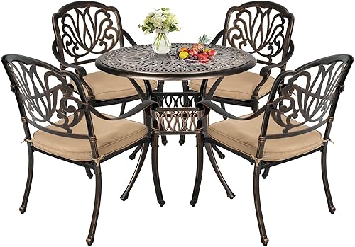 Miniatura 7 de Grepatio Juego de comedor al aire libre de 5 piezas de aluminio fundido para patio, mesa y sillas, muebles exteriores, 4 sillas y 1 mesa con agujero