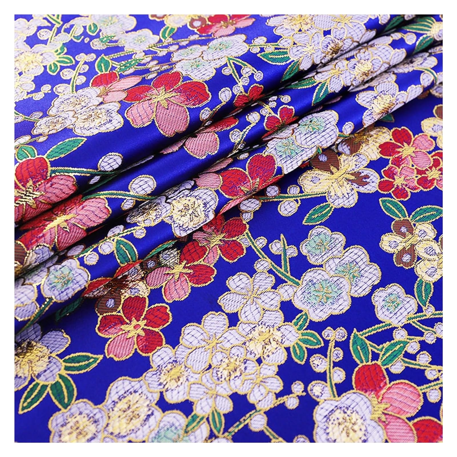 Tissu bleu fleurs de cerisier or nylon résistant pour réussir la couture de cheongsam sans effilochage