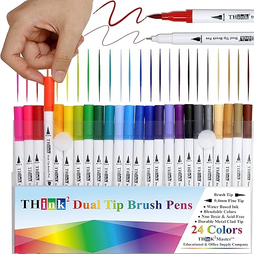 Think2 - 24 rotuladores de doble punta. 0.4 marcadores de punta fina y rotuladores de pincel para diario de viñetas, colorear, tomar notas,