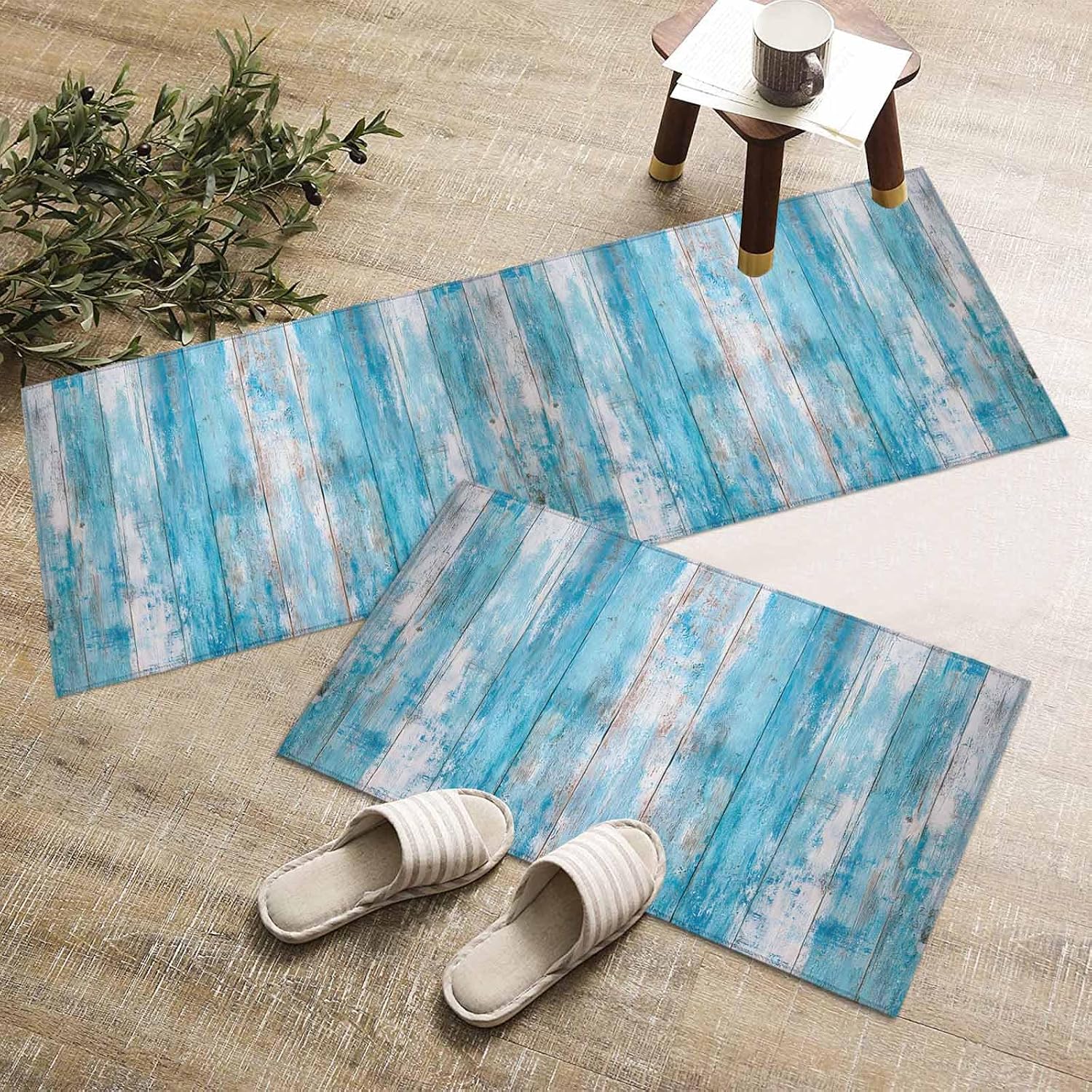 Kitchen Mats for Floor Country Vintage Blue Wood Board Washable Non Slip Kitchen Rugs 2PCS, Retro Shabby Style Absorbent Standing Mats for Sink Bathroom Office Living Room 15.7x23.6in+15.7x47.2in