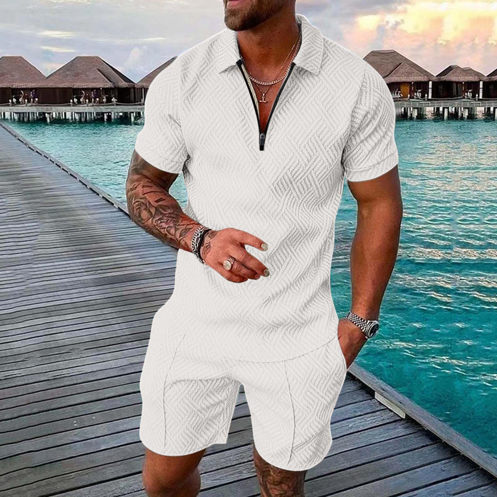 2 Teiler Herren Sommer Outfit Zweiteiler Trainingsanzug Kurzarm Reißverschluss Poloshirt und Kurze Hose Set Kleidung Sportanzug Casual Jogginganzug Freizeitanzug Sport Anzug