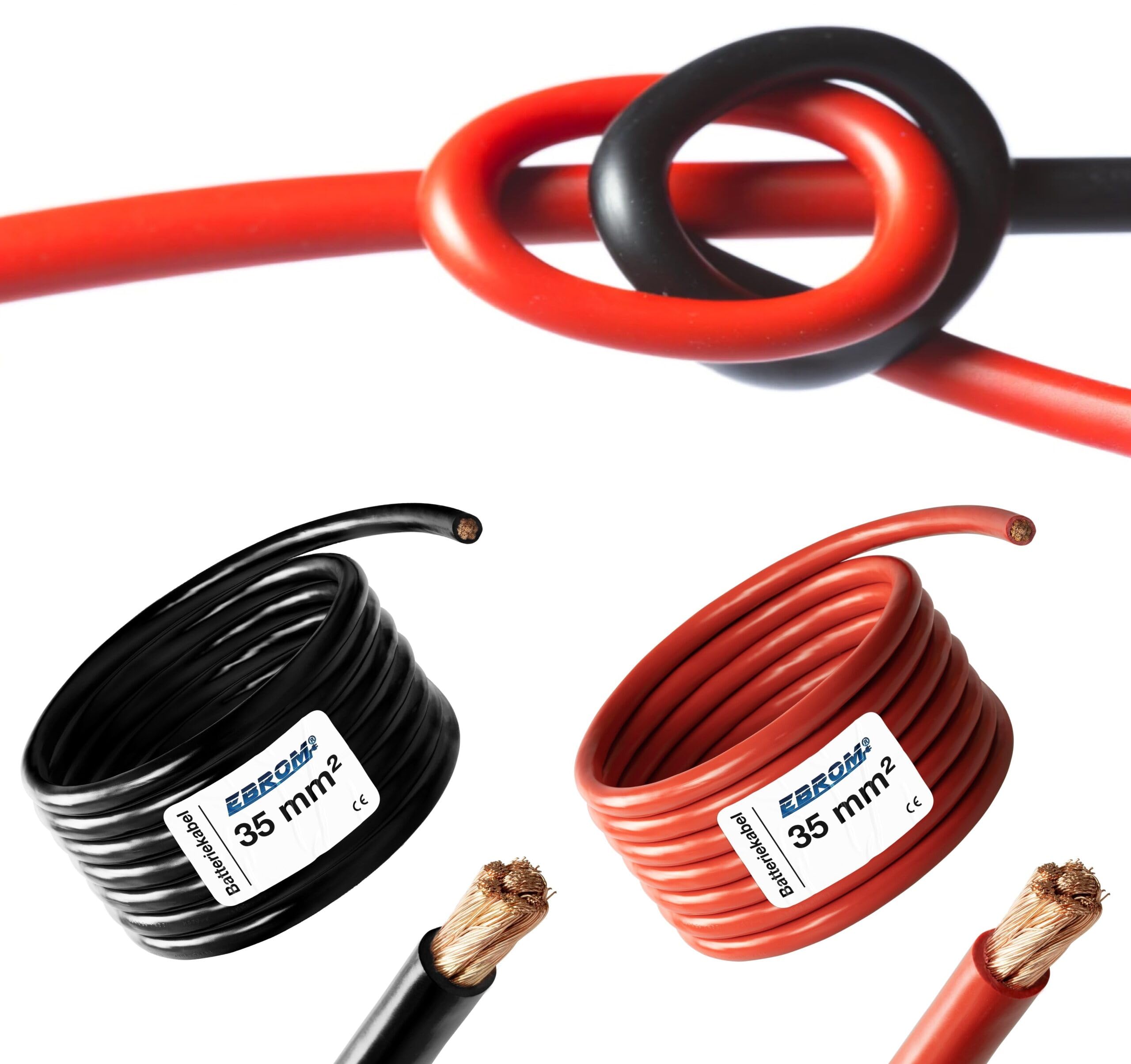 EBROM HI-FLEX Câble de batterie très flexible de 2 m - Rouge et noir - Câble plus et câble de terre - 35 mm² - 35 mm² - 35 mm² - 35 mm² - Câble d'alimentation en cuivre plein 99,9 % OFC - Longueur : 2