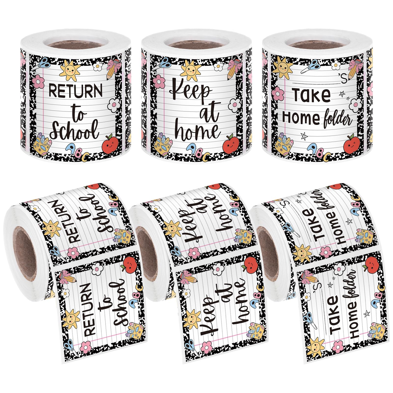 Etichette adesive per quaderni, compiti e cartelle per studenti, ritorno a scuola, Keep at Home, 5,1 x 5,1 cm, etichette adesive termiche stampate per aule e casa (3 rotoli, freschi)