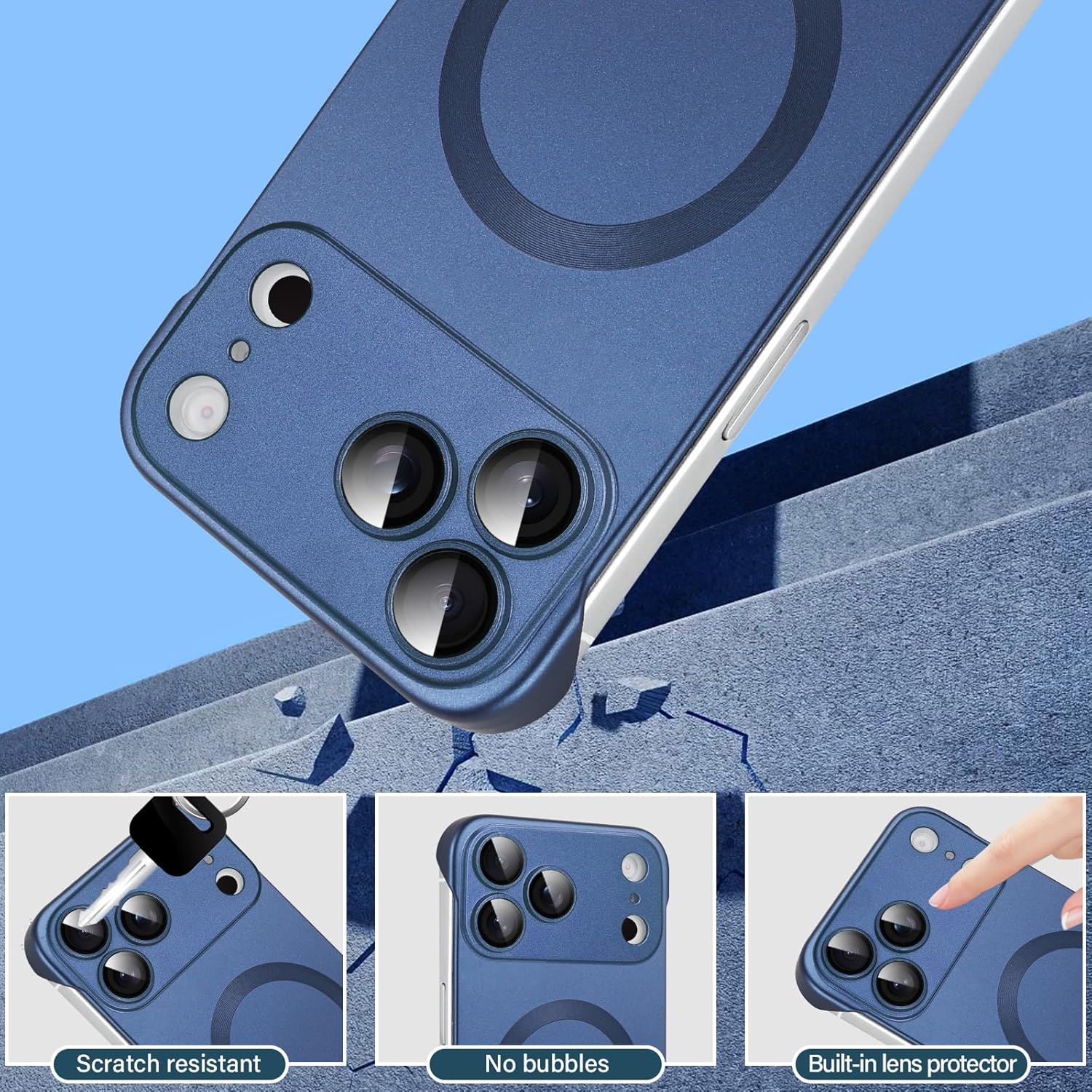 Omio Magnetic Slim Case for iPhone 17 Pro Max Compatible with MagSafe, Matte PC Ultra-Thin Bumper Frameless Borderless Minimalist Design with Camera Lens Protector for Men Women, Dark Blue - Image 3