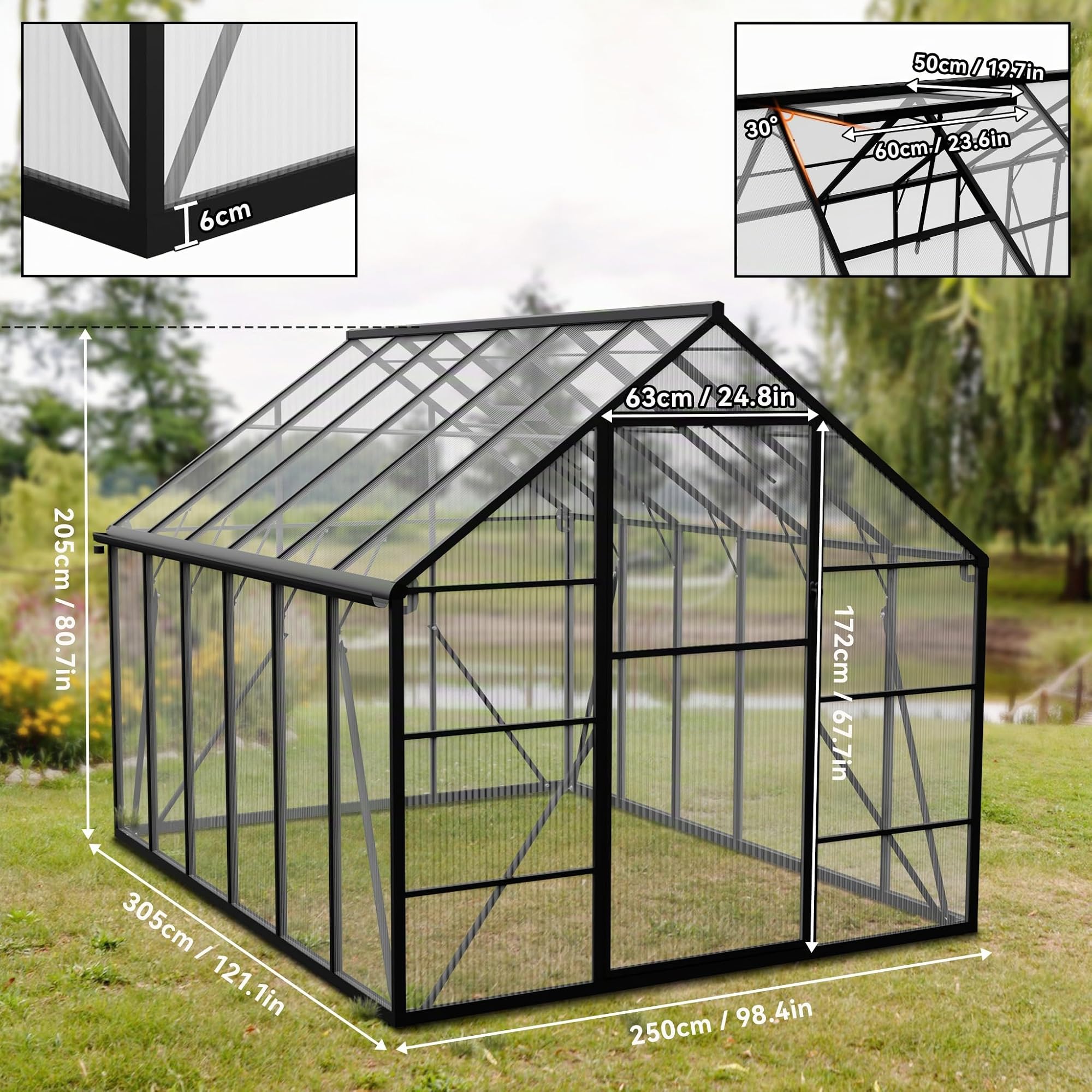 Froadp Serra da giardino in alluminio con fondazione, 310 x 250 x 205 cm, 4 mm, pannelli a camera cava PC, resistente alle intemperie, serra, con finestre, per giardino e allevamento
