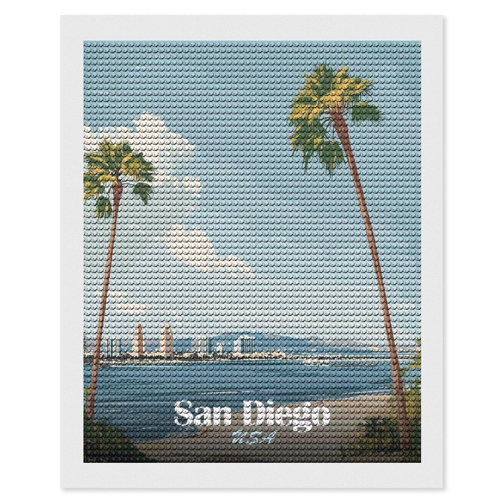 Junmoney San Diego Palm Tree Skyline 5D Diamond Painting Kit 16"x20", Relaxing DIY, Mindful Craft Project, Full Kit Included, Thoughtful Present
