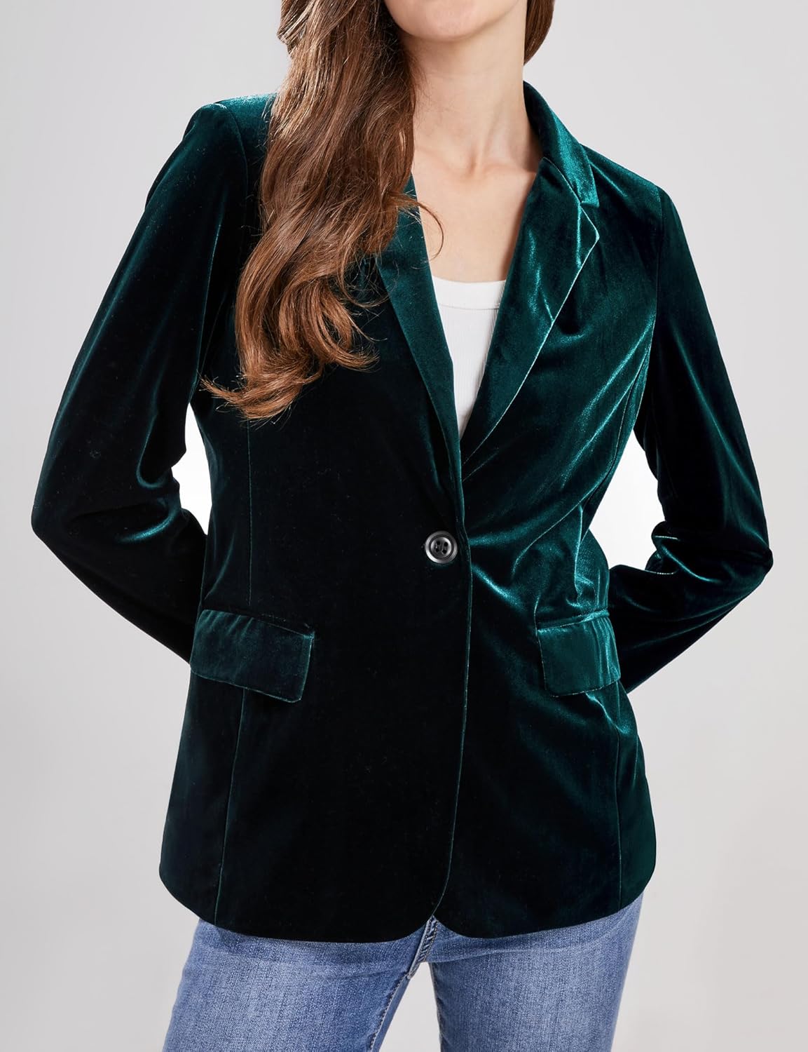 CHARTOU Women 1 Button Fitted Velvet Blazer Jacket Business Suit Jacket Work Office Notched Collar - Image 2
