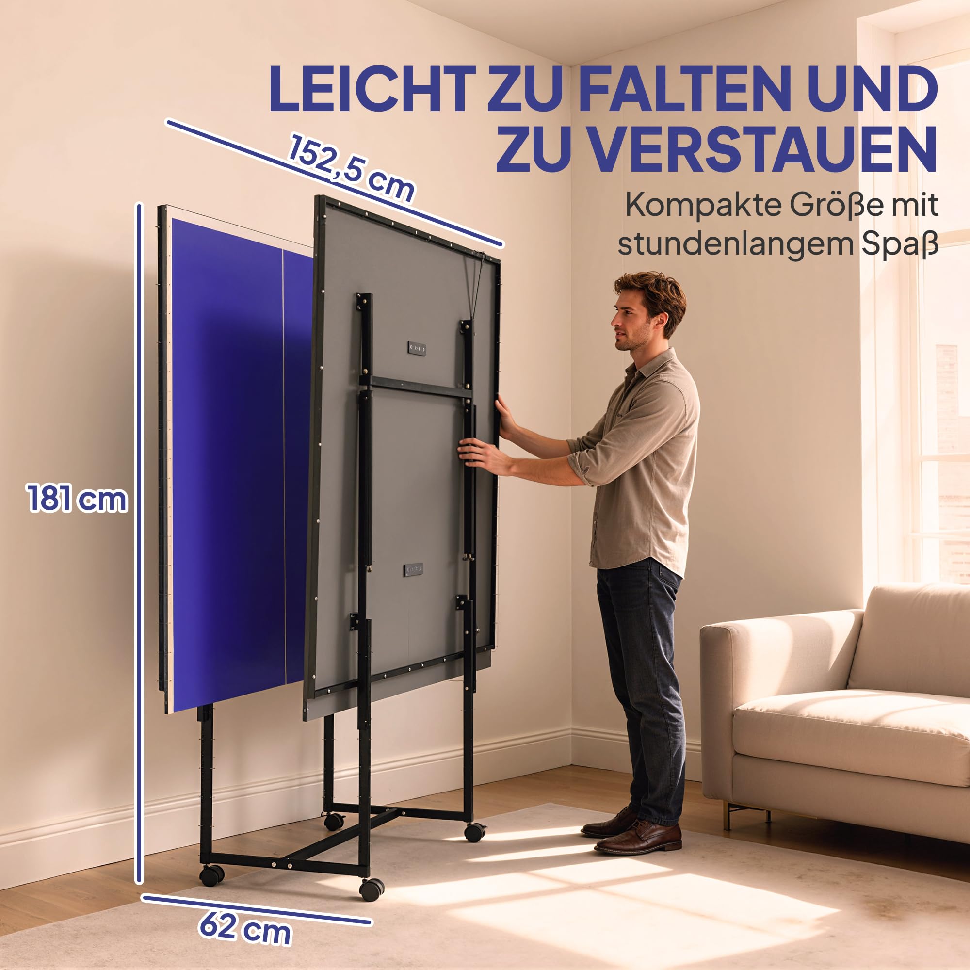 SPORTNOW Tischtennistisch mit Rollen, Klappbar Tischtennisspiel-Set, Tischtennisplatte mit 2 Tischtennisschlägern, 3 Bällen, StahlIndoor, 274 x 152,5 x 75,5 cm, Blau