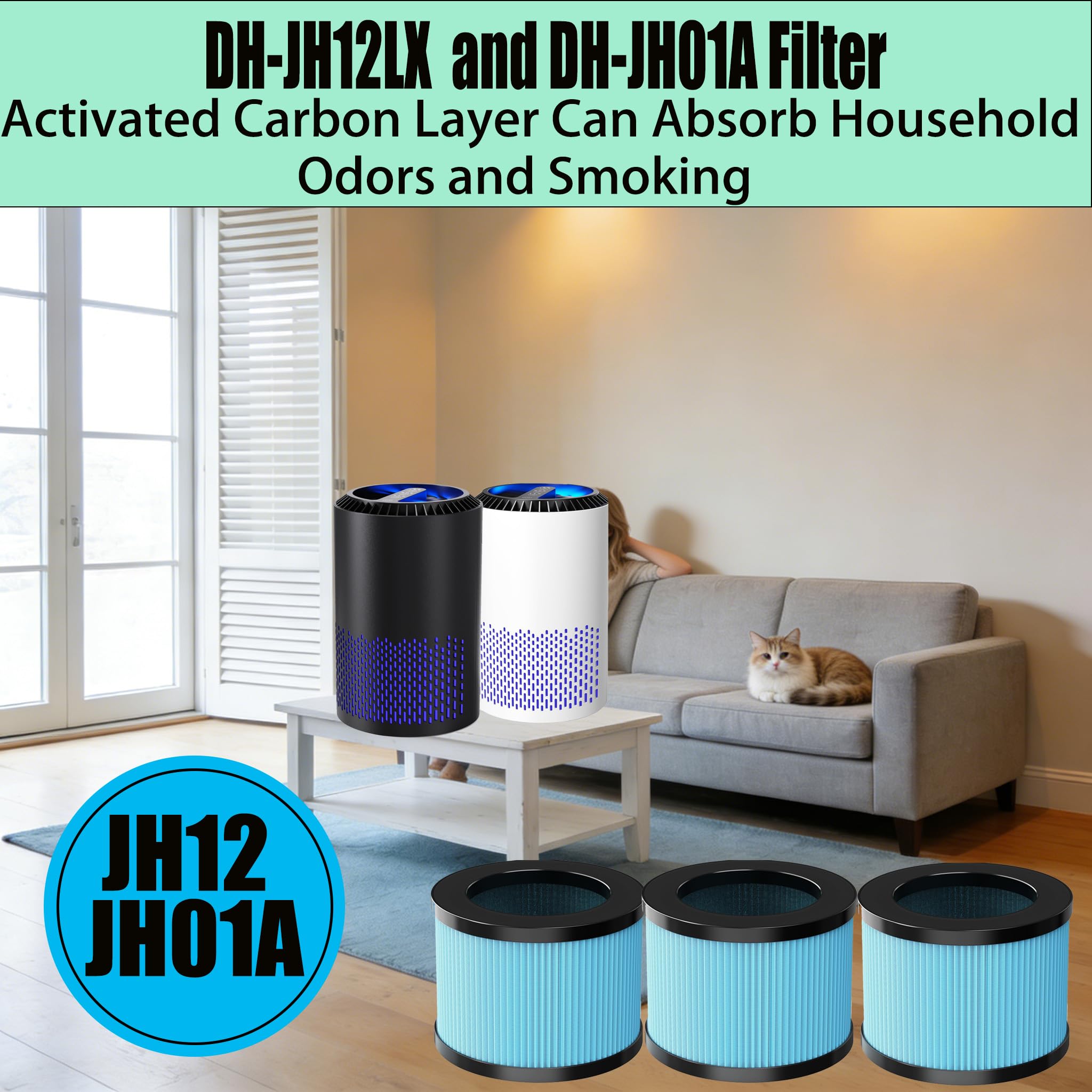 Filtros de carbón activado HEPA JH12 y JH01A de repuesto para purificador de aire AROEVE DH-JH12, filtro compuesto 4 en 1, piezas # DH-JH12LX (paquete de 3)