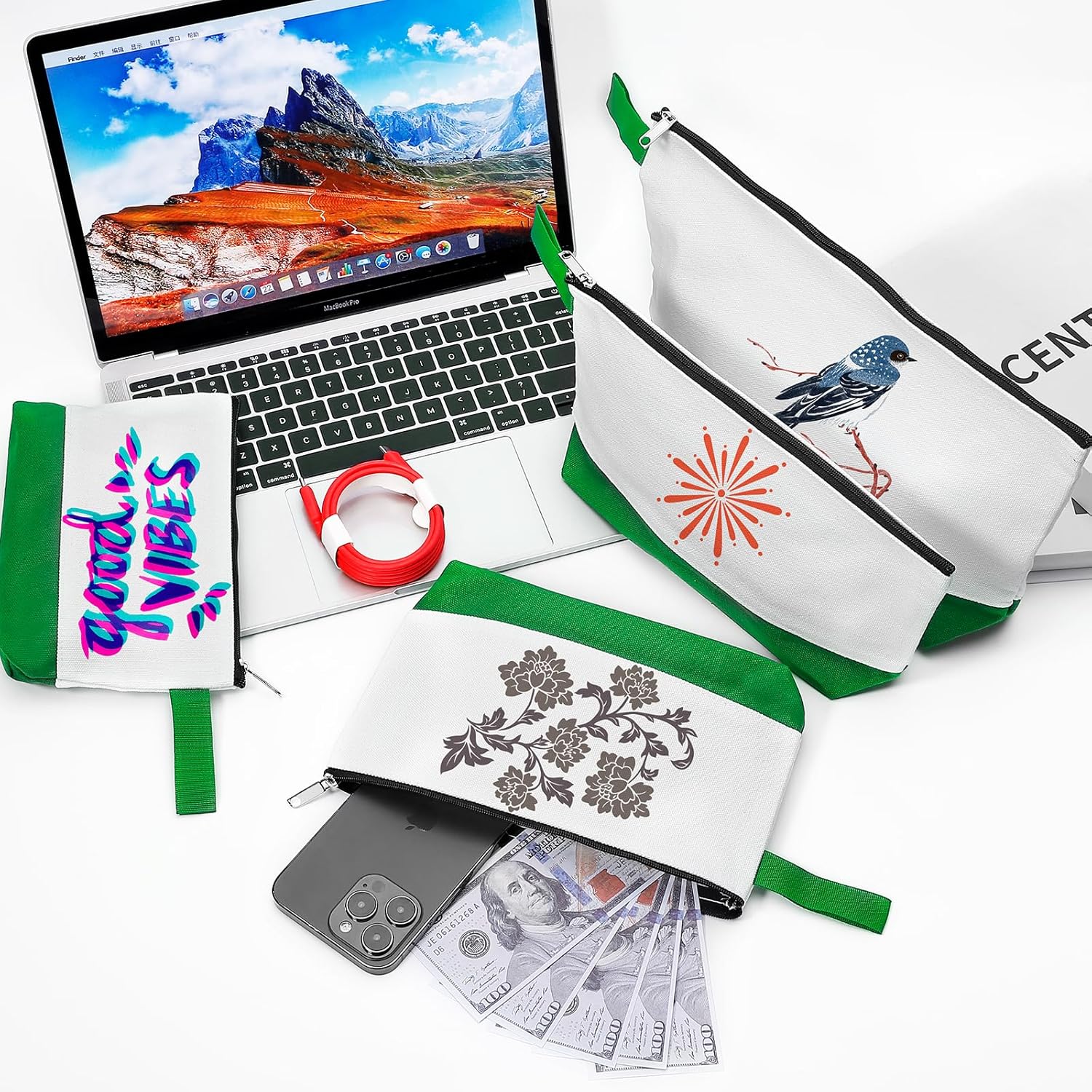 10 Pieces Cotton Canvas Makeup Bag with Bottom and Strap, Multi-Purpose Cosmetic Bag with Zipper Travel Toiletry Pouch, Blank DIY Craft Bag (White&Green, S) - Image 5