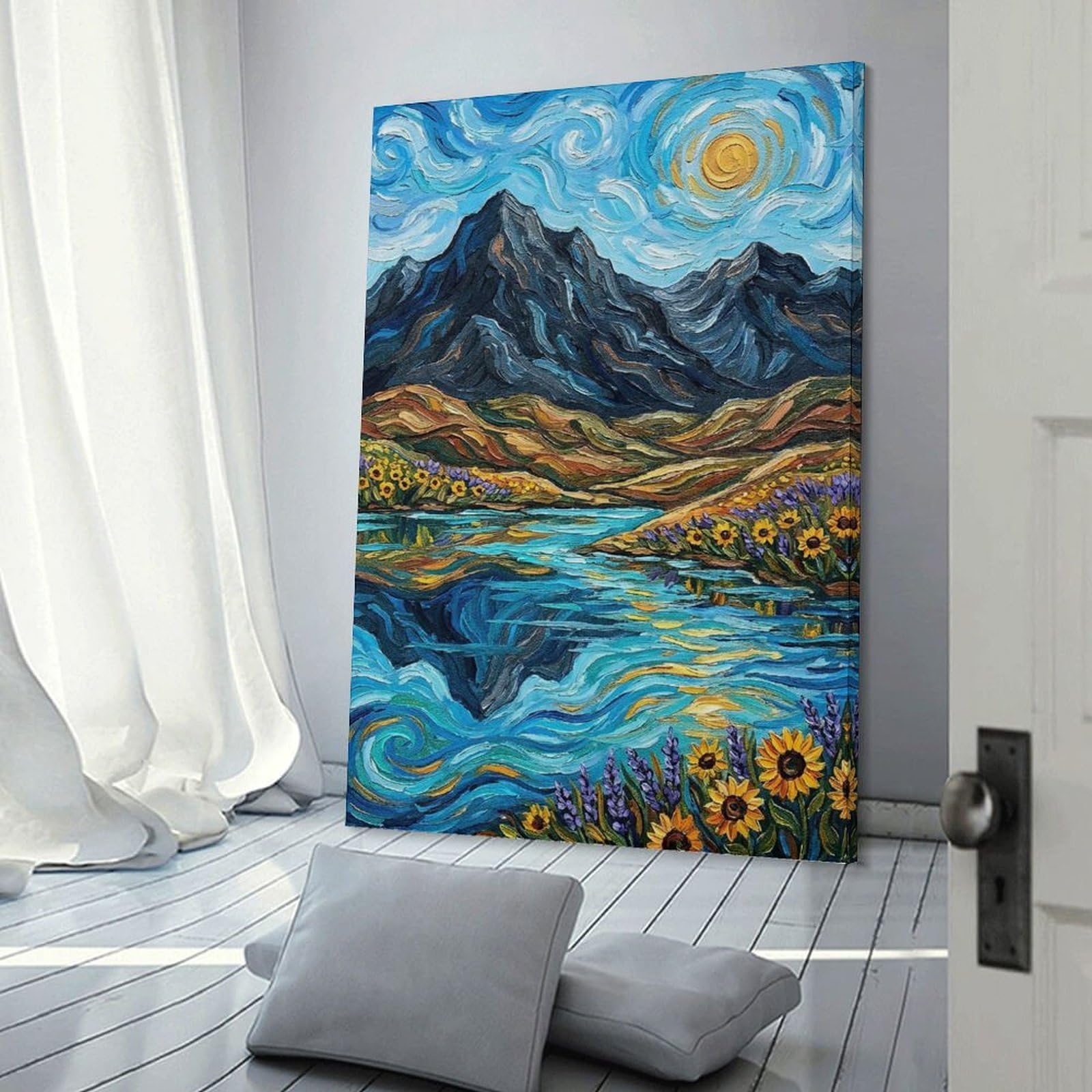 Junmoney Canvas Wall Art Impressionistic Mountain Landscape with Lake, 24x36inch(60x90cm), for Lounge Decor, Bedroom Walls Or Flats, A Home Accent with Warm Character
