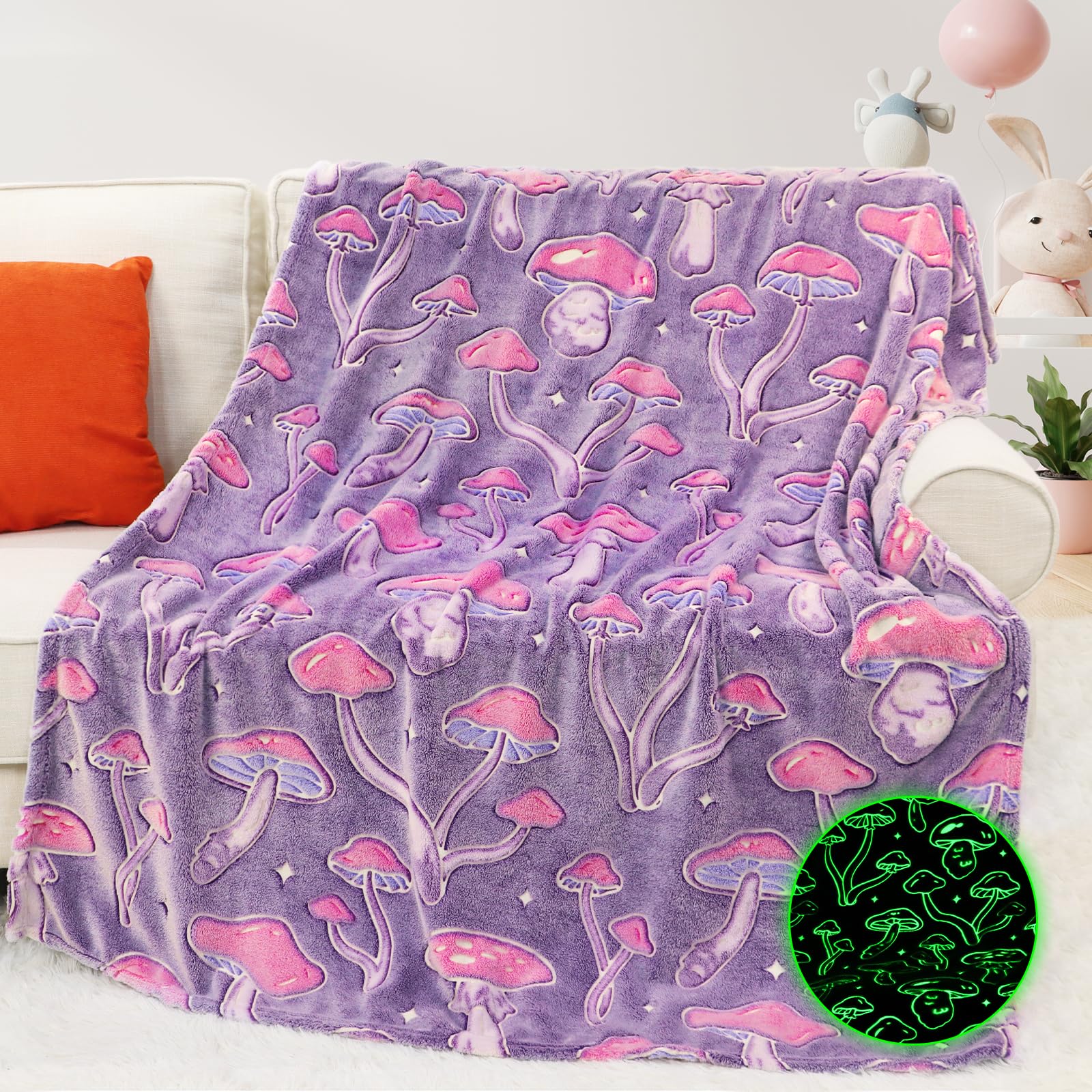 MIBOI Mushroom Throw Blanket for Adult Girls - Mushroom Gifts for Women Cute Glow in The Dark Blanket for Bed Couch Cottagecore Room Decor Birthday Christmas All-Season Gifts Stuff