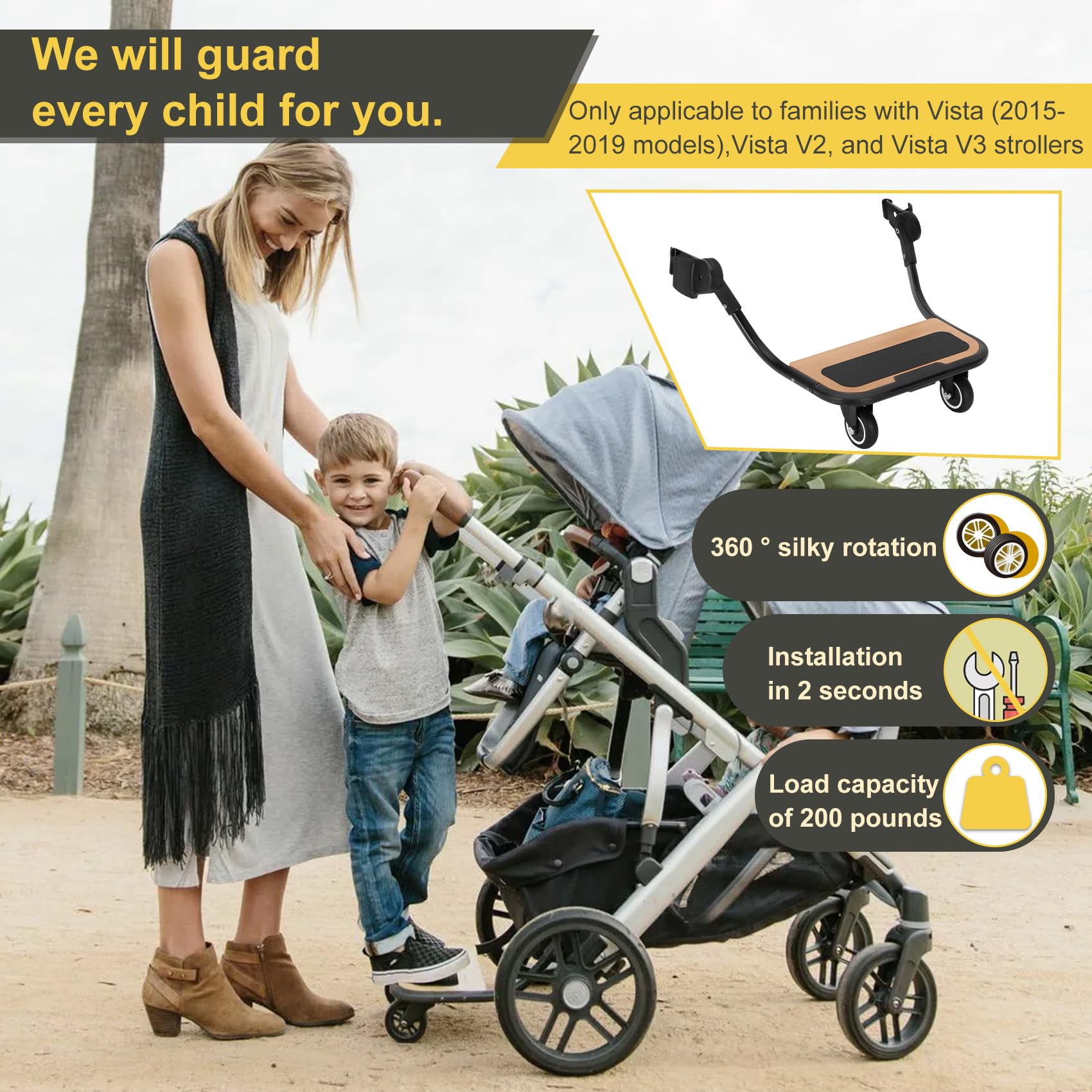 Piggyback Ride-Along Board for Vista (Models 2015-2019),Vista V2,and Vista V3 Strollers,Stroller Standing Board with 360 ° Universal Wheel,Use EVA Foam Wheels Smoothly Nnavigate Through Rugged Roads