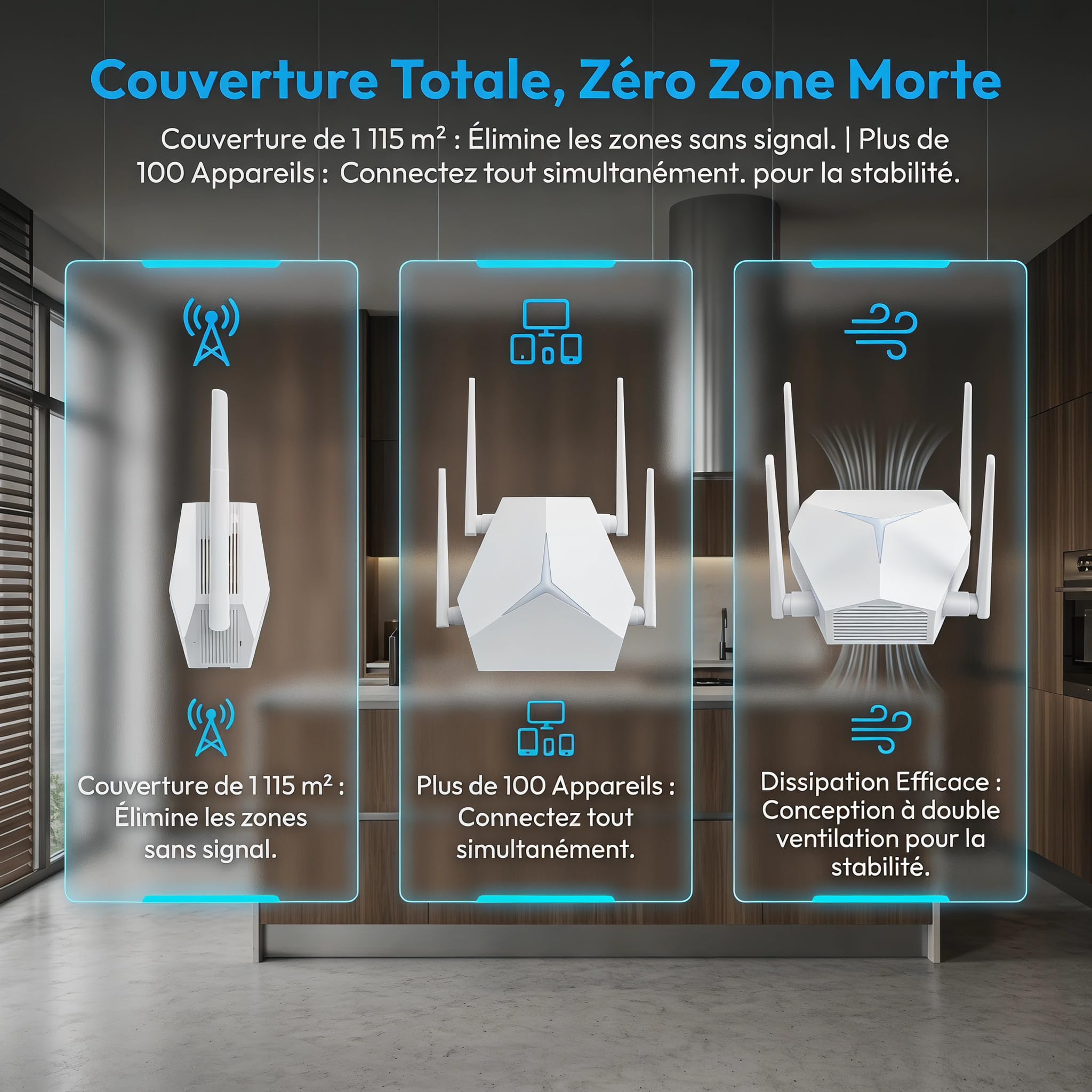 repetiteur wifi puissant, Dual Band 1200Mbps AC1200, 1115㎡ Range, Supports 100+ Devices, 4-Antenna WiFi Repeater with Ethernet Port