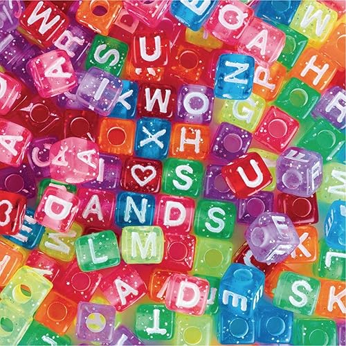 S&S Worldwide Cuentas del alfabeto con purpurina, cuentas de 0.276in, agujero de 0.157in, más de 500 cuentas