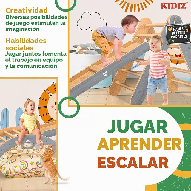 Foto 5 de 8 de KIDIZ Montessori - Juego 7 en 1 con arco de escalada, triángulo de escalada de madera, incluye cojín, pizarra…