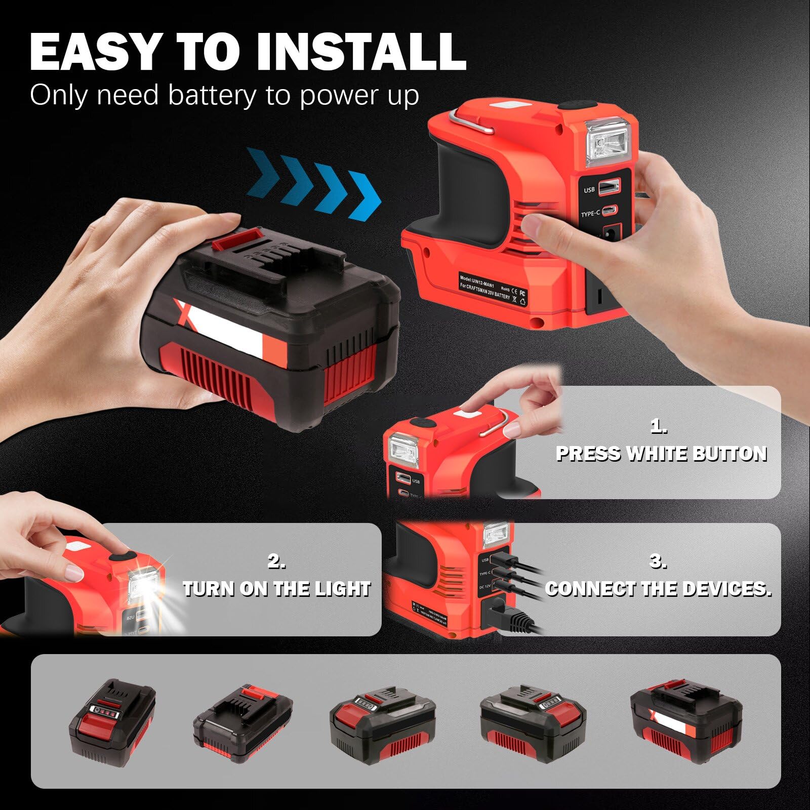 Wechselrichter für Einhell 18V Akku，DC 18V auf AC 220V Spannungswandler Adapter mit Typ-C& USB & DC12V Anschluss und AC Steckdose,Notstromaggregat für Camping(Akku Nicht enthalten)