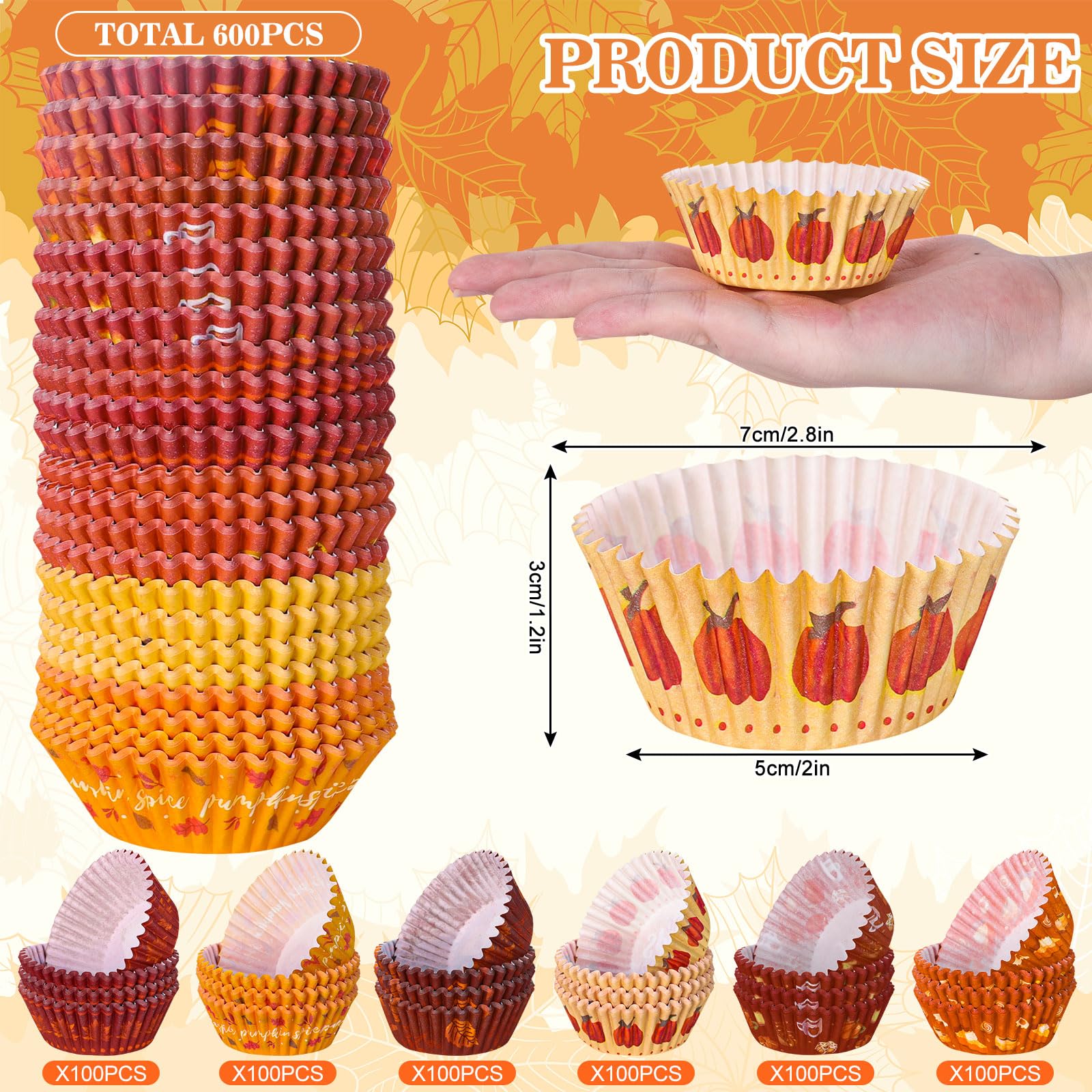 600 Stück Cupcake-Förmchen Herbst-Motive – Kürbis, Ahornblatt & Karos Für Thanksgiving