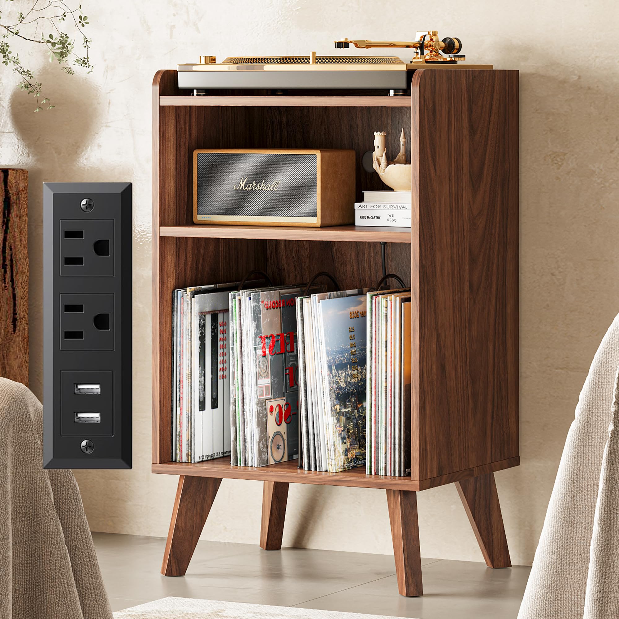 Record Player Stand, Turntable Stand with Record Storage and Charging Station & USB Ports, Record Player Table with Metal Divider, Record Stand Up to 160 Albums for Living Room, Bedroom Walnut