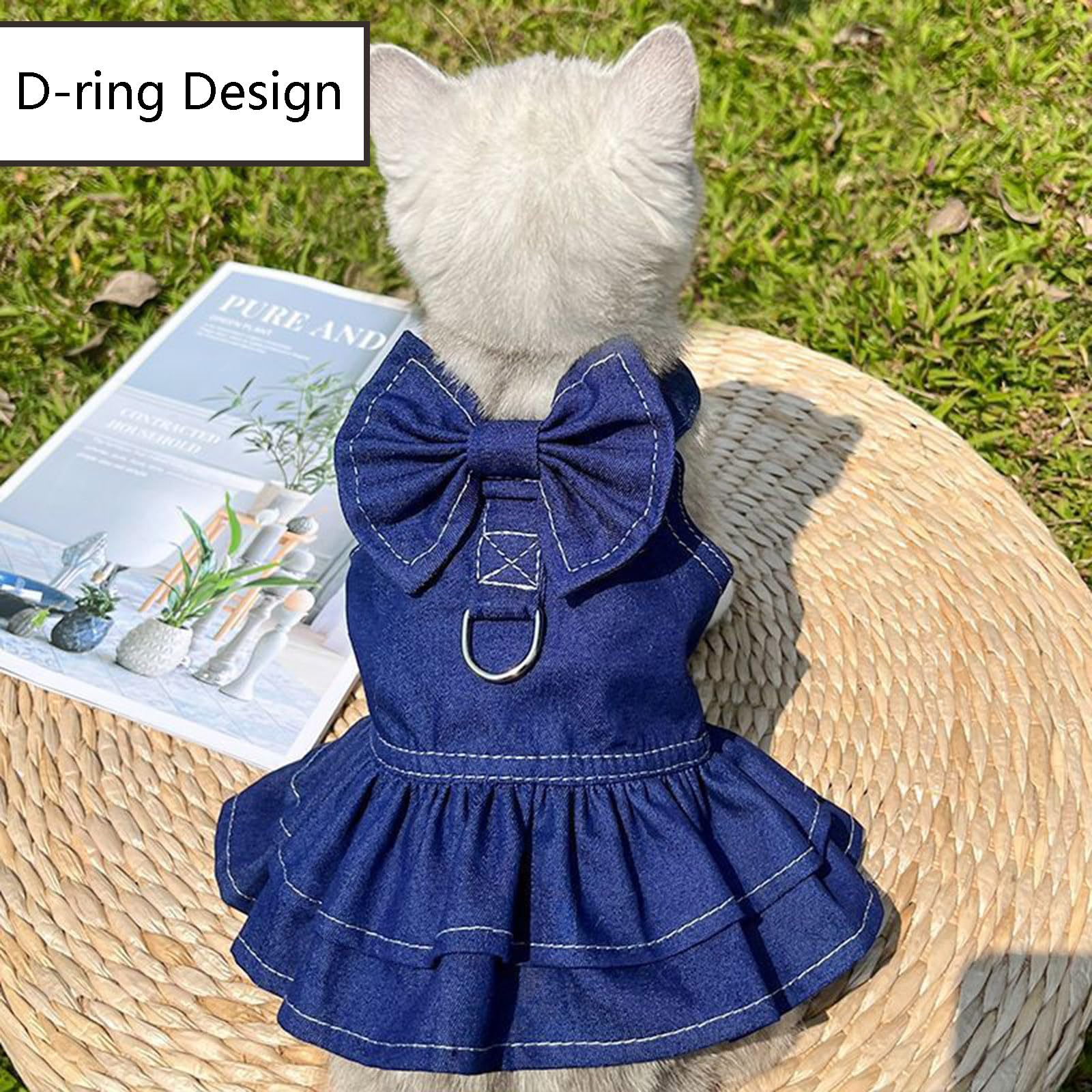 Ling & Bai Dog Harness Dresses Summer Dogs Denim Outfit with D Ring Cat Girl Princess Skirt Pet Bow Clothes (M) - Image 4