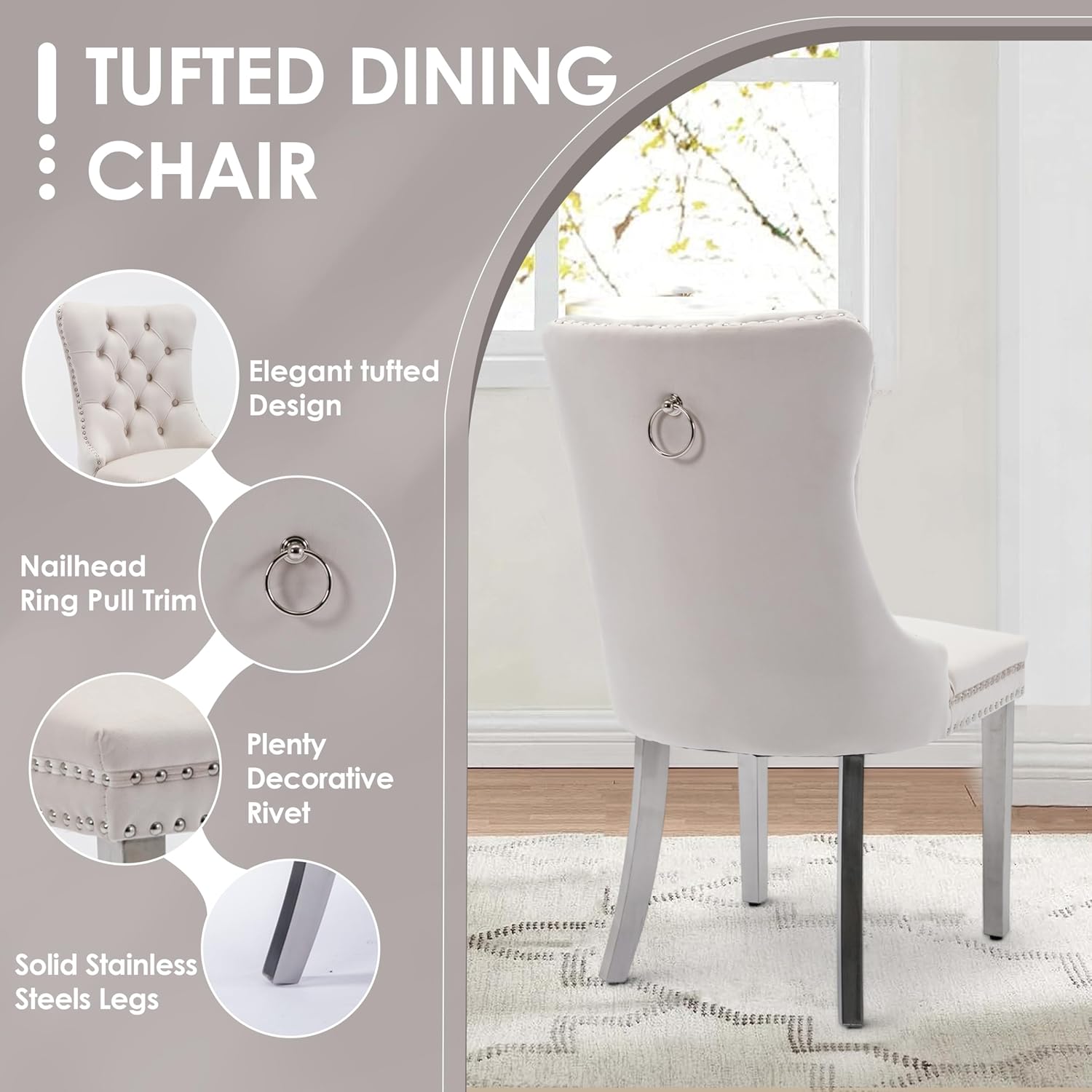 7 Pieces Modern Luxury Glass Dining Set, Large Minimalist Rectangle Dinner Set for 6, 63'' Clear Glass Top Kitchen Table Set with Black & Silver Base, Beige Tufted Chairs, for Apartment Home