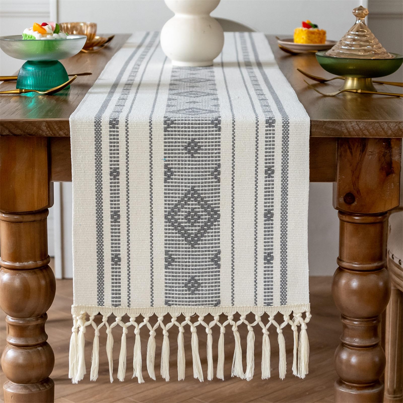 Runner da tavola natalizio in cotone intrecciato con nappe, rettangolare, 35 x 182 cm