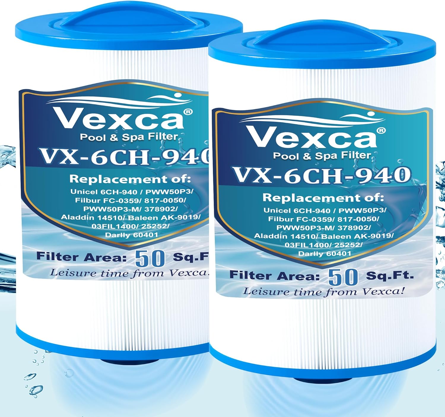 Vexca® 60401 Spa Filter Replacement for Unicel 6CH-940, Filbur FC-0359, Waterway Plastics 817-0050, 25252, 378902, 03FIL1400，Aladdin 14510, Baleen AK-9019, 50 Sq.Ft, 2 Pack