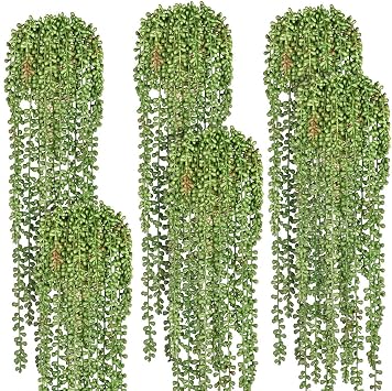 6pcs Pearl String Plants Artificial Hanging Succulent Plants Green Outdoor 6, Green