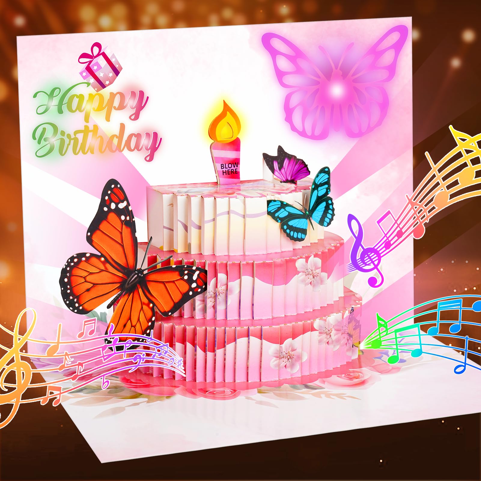 Kircirx Geburtstagskarten für Frauen, Blumen, Schmetterlinge, 3D-Pop-Up-Geburtstagskarte, aufblasbar, LED-Kerzenlicht und Musik, Grußkarte, Geschenke für Frauen, Mutter, Ehefrau, Tochter, Oma