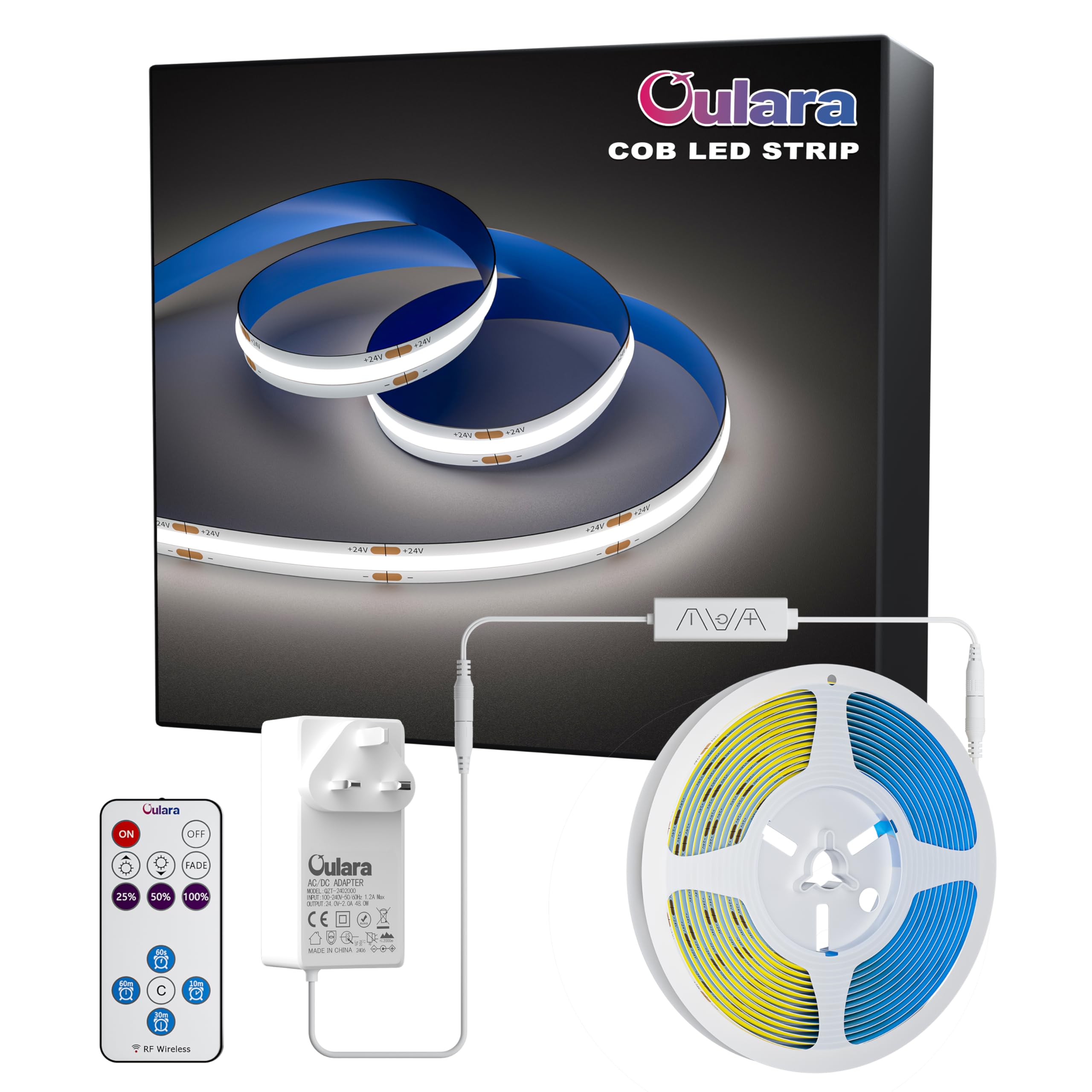 Oulara 6000K Cob Led Strip Daylight White Led Strip Light 10M Dimmable Super Bright 24V Cri 90+ Flexible Tape Lights Kit With Rf Remote Timer Function For Kitchen Cabinet Shelf Tv Diy Lighting Project