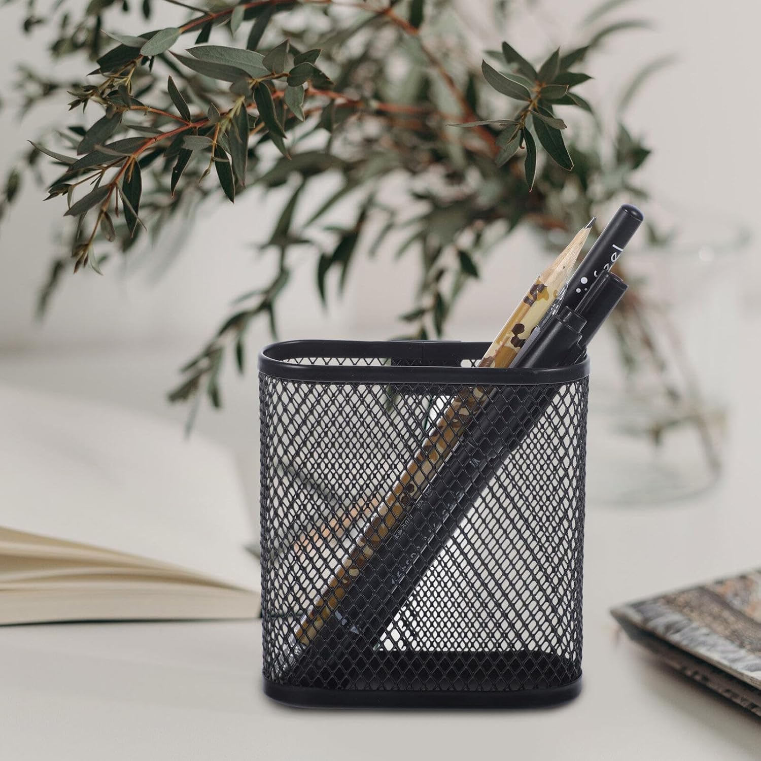 Black Mesh Pen Holder Oval Shape Metal Desk Organizer for Office Stationery Storage, 3.93 X 3.54 X 1.37 Inch - Image 4