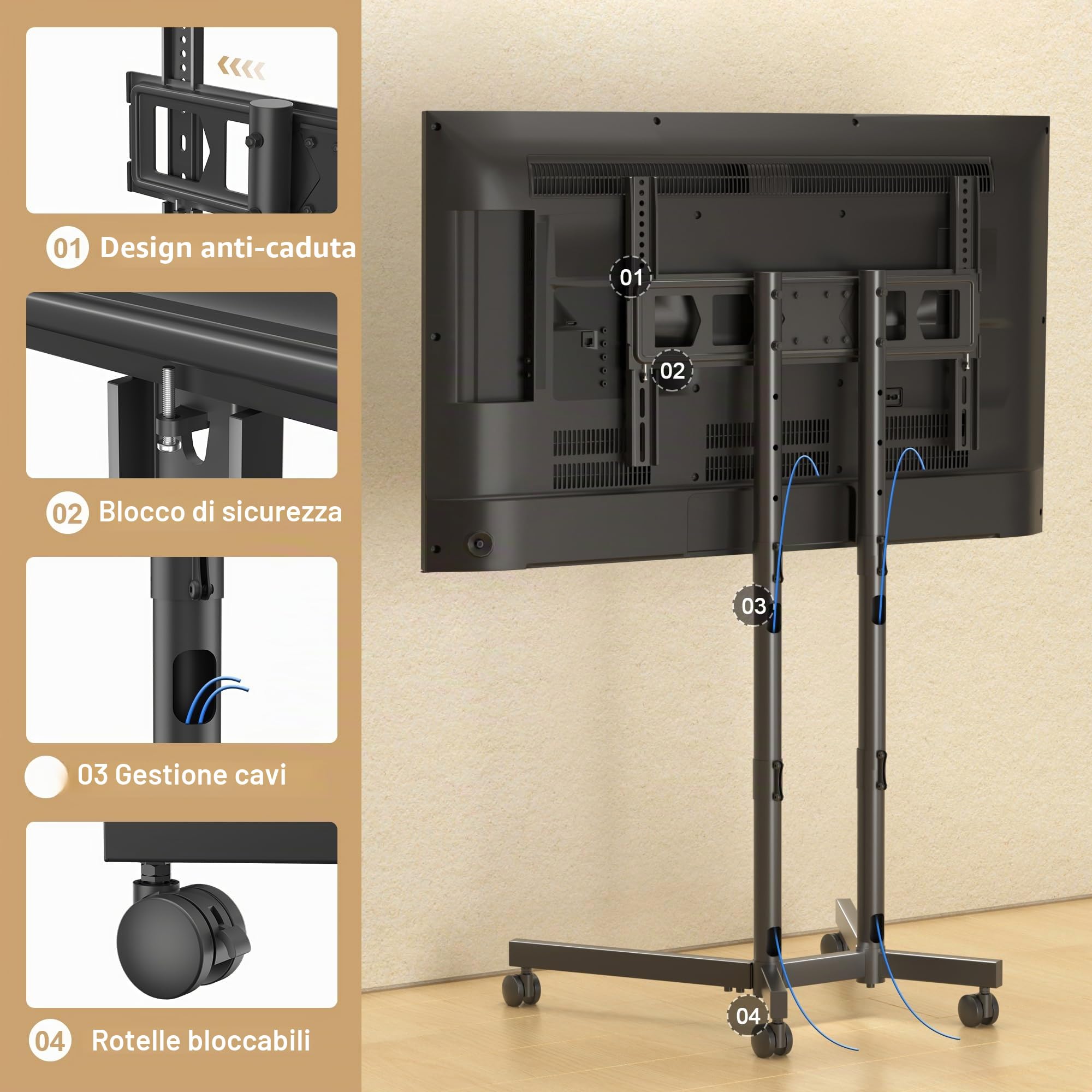 XINLEI Mobile TV con Ruote, Carrello TV da Pavimento per Schermi Piatti/Curvi 32-75 Pollici, Altezza Regolabile, Portata Max 40kg, VESA Max 600x400 mm