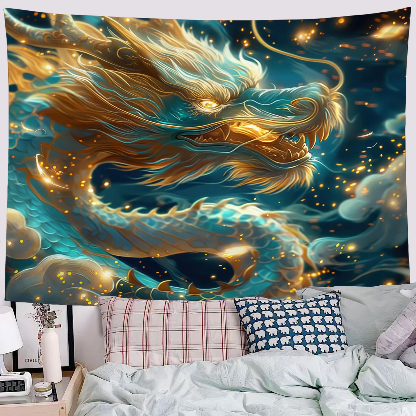 Tapiz de pared del dragón oriental SMBHIAON, paño decorativo cian de 150 x 150 cm 8